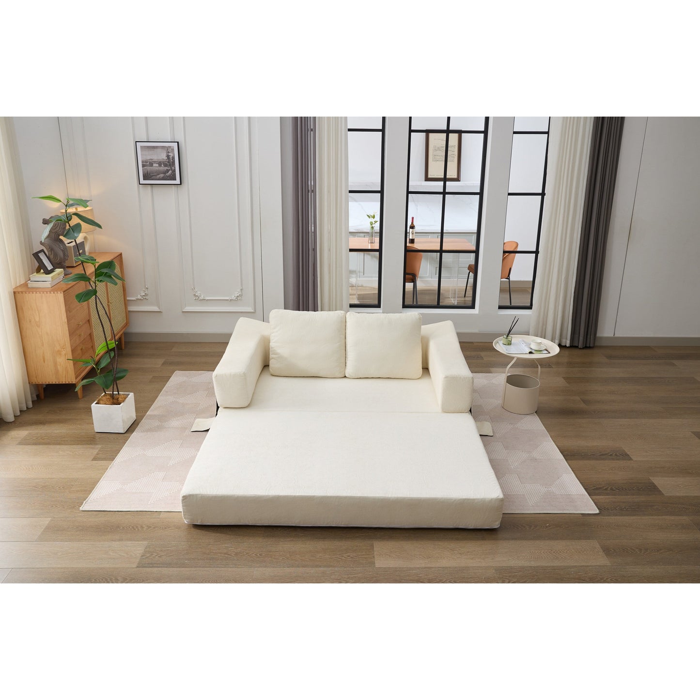 White Modern Minimalist 70.87 Chenille Loveseat Convertible Fold-Out Floor Sofa Bed with Removable Backrest for Living Room