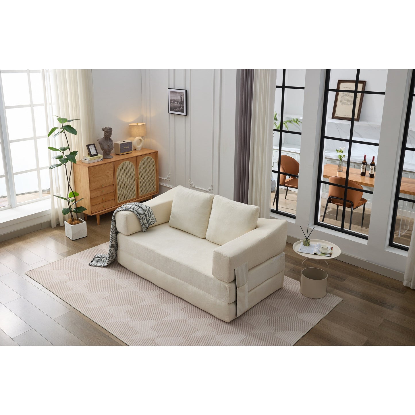 White Modern Minimalist 70.87 Chenille Loveseat Convertible Fold-Out Floor Sofa Bed with Removable Backrest for Living Room