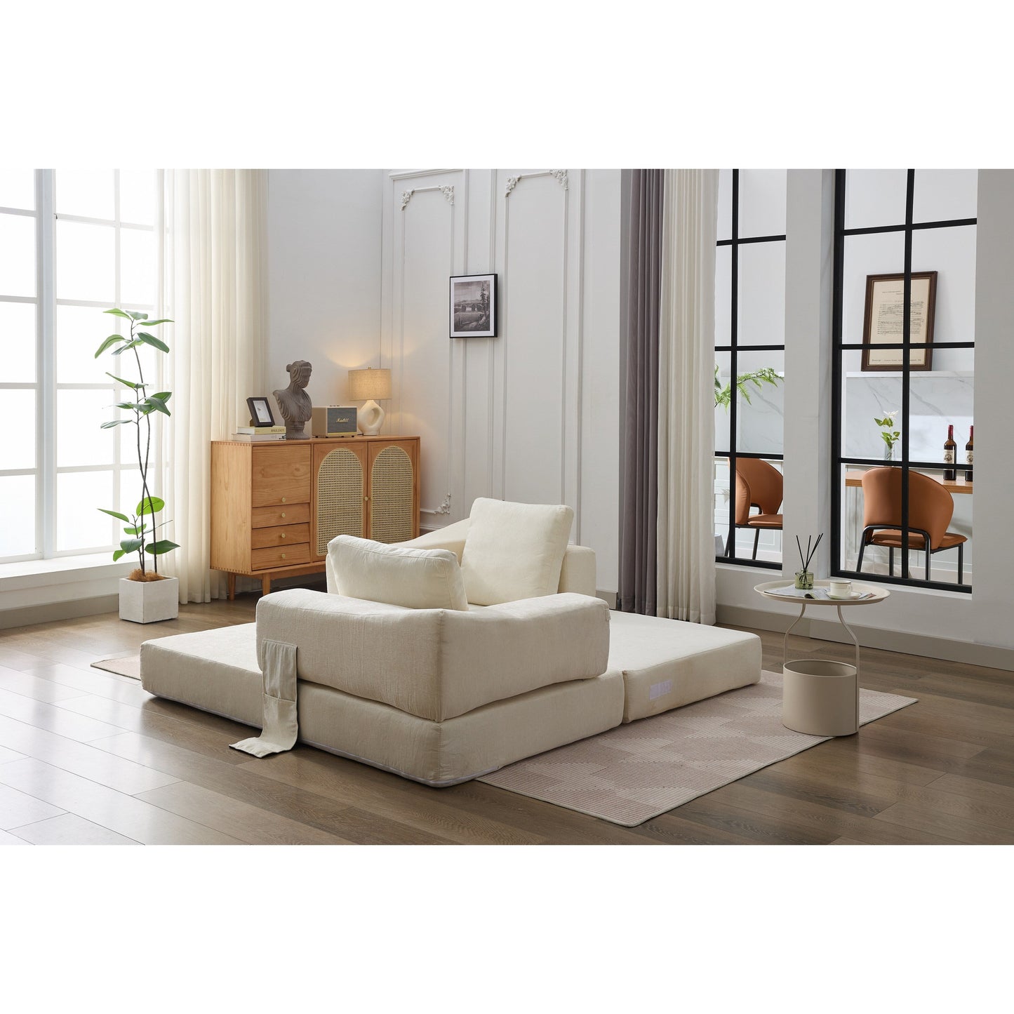 White Modern Minimalist 70.87 Chenille Loveseat Convertible Fold-Out Floor Sofa Bed with Removable Backrest for Living Room
