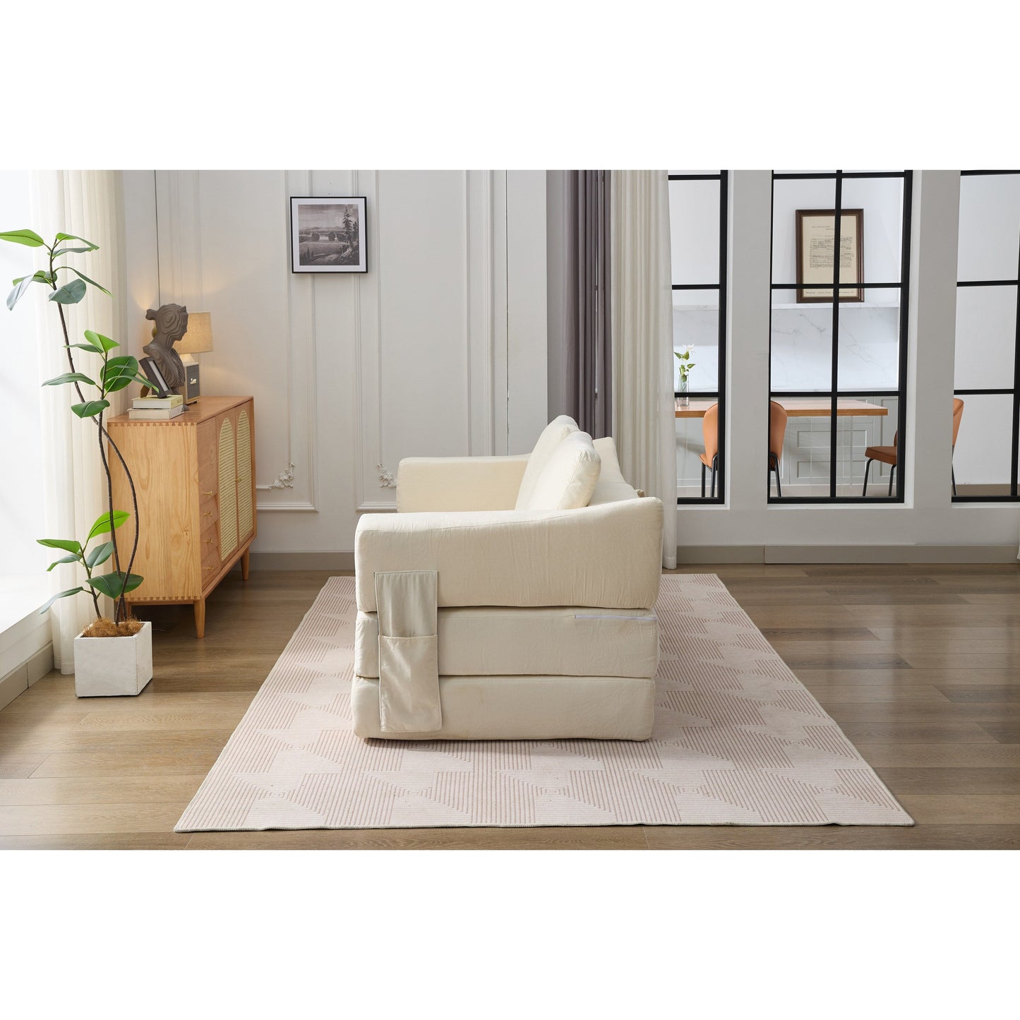 White Modern Minimalist 70.87 Chenille Loveseat Convertible Fold-Out Floor Sofa Bed with Removable Backrest for Living Room