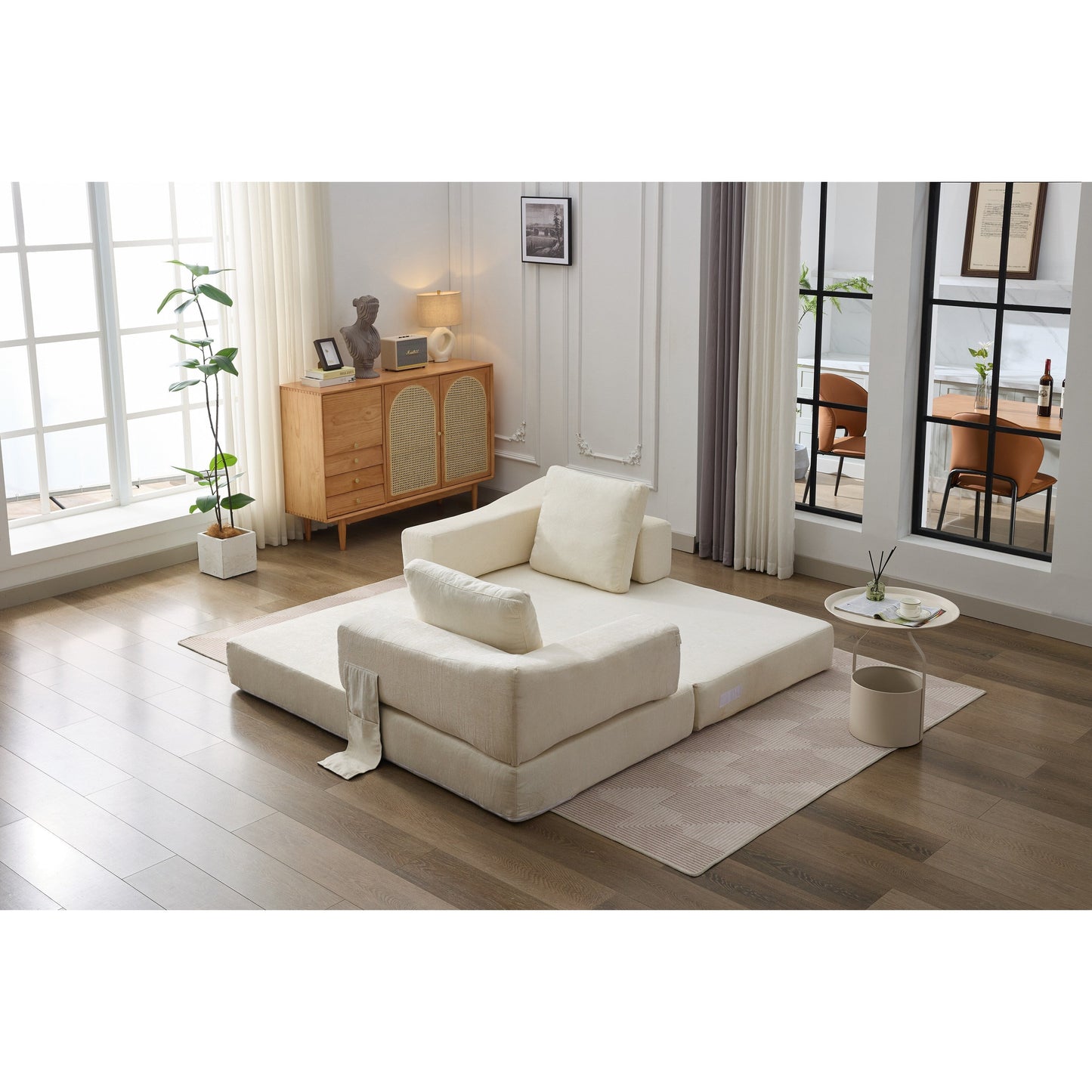 White Modern Minimalist 70.87 Chenille Loveseat Convertible Fold-Out Floor Sofa Bed with Removable Backrest for Living Room