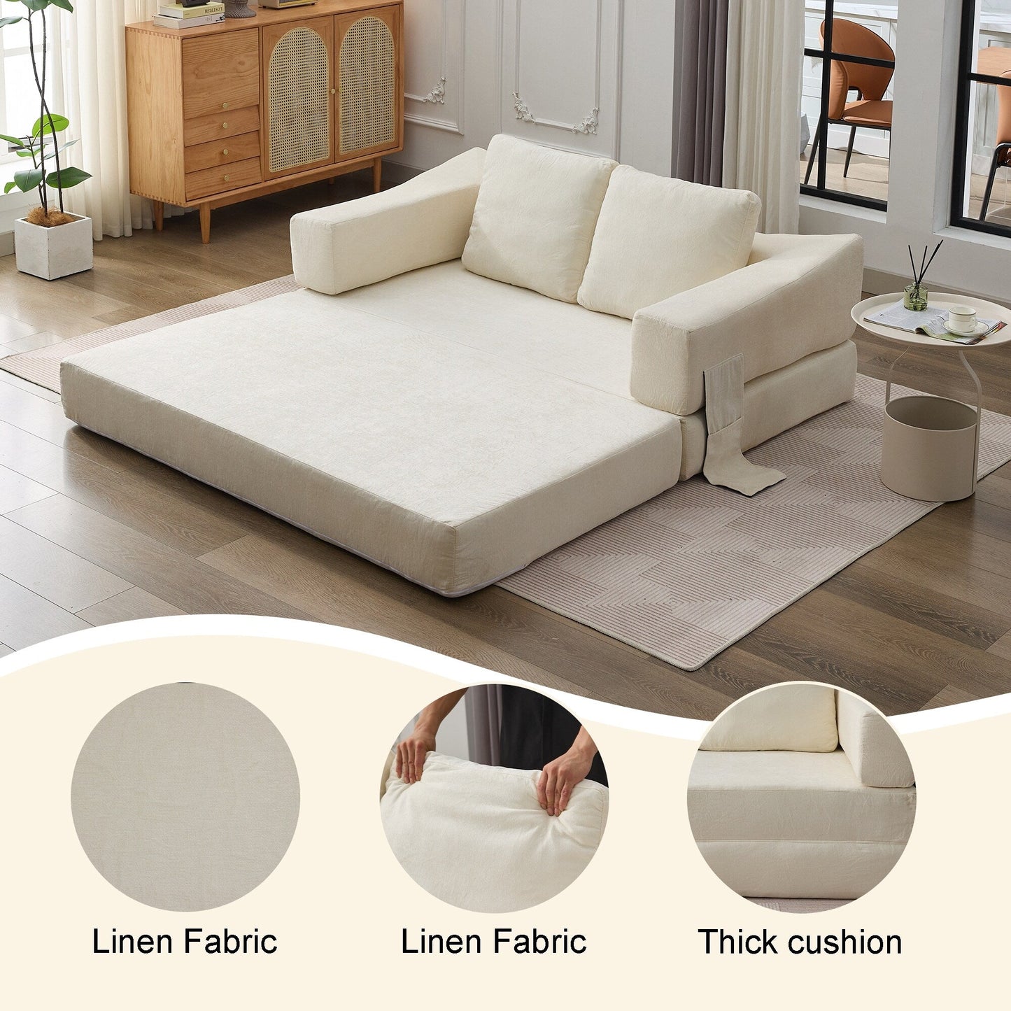 White Modern Minimalist 70.87 Chenille Loveseat Convertible Fold-Out Floor Sofa Bed with Removable Backrest for Living Room