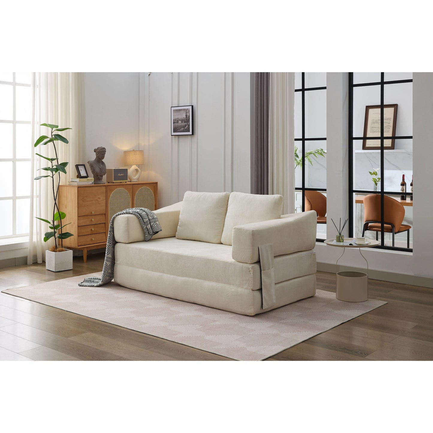 White Modern Minimalist 70.87 Chenille Loveseat Convertible Fold-Out Floor Sofa Bed with Removable Backrest for Living Room
