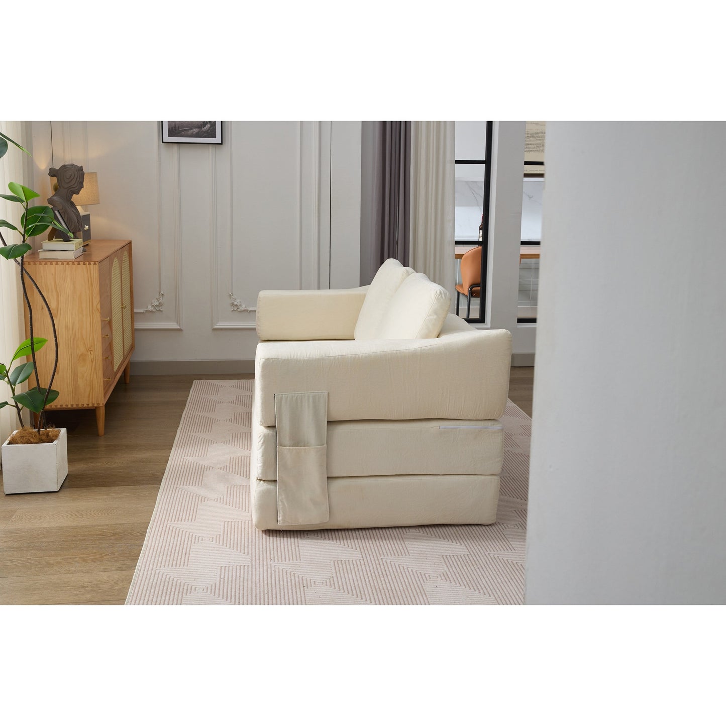 White Modern Minimalist 70.87 Chenille Loveseat Convertible Fold-Out Floor Sofa Bed with Removable Backrest for Living Room