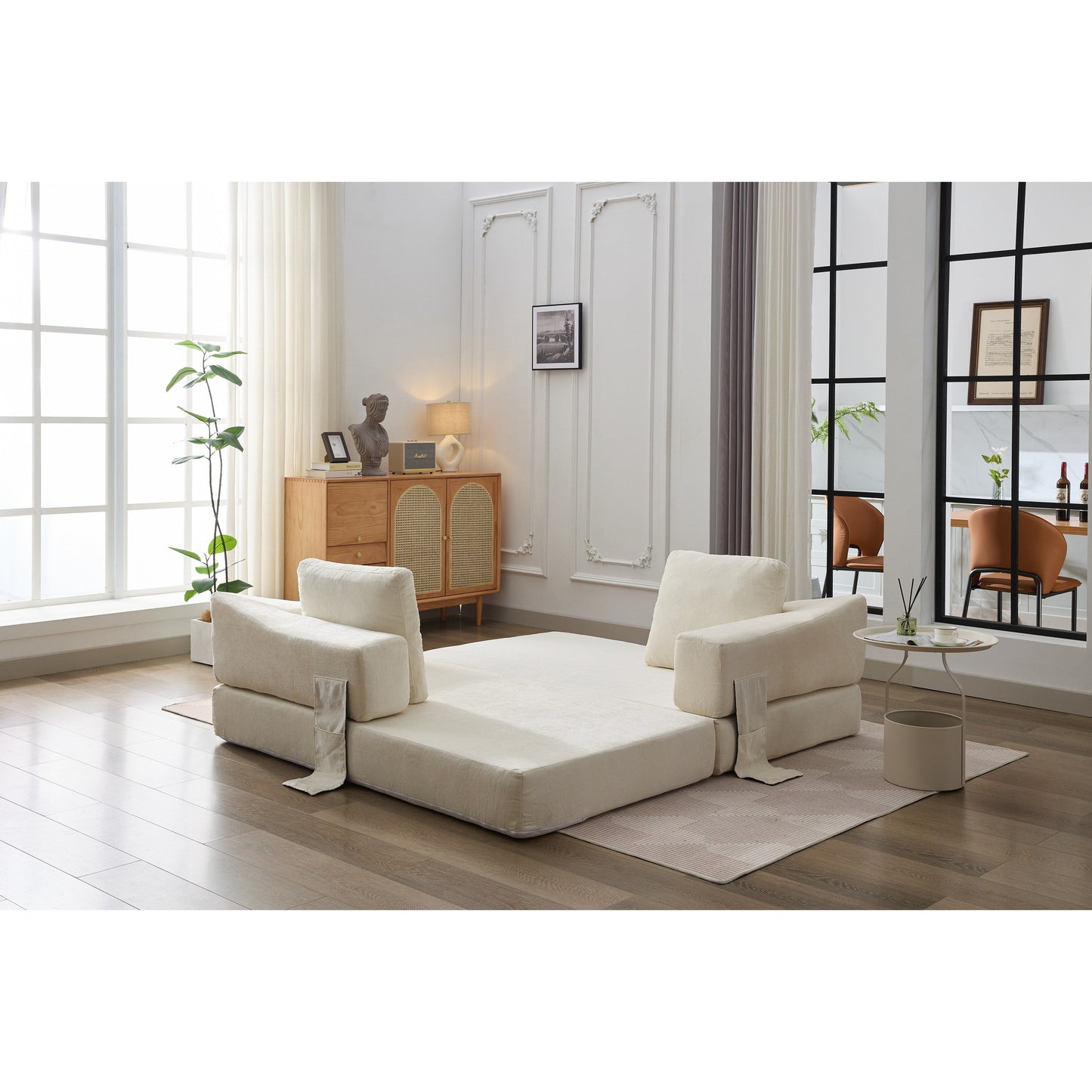 White Modern Minimalist 70.87 Chenille Loveseat Convertible Fold-Out Floor Sofa Bed with Removable Backrest for Living Room