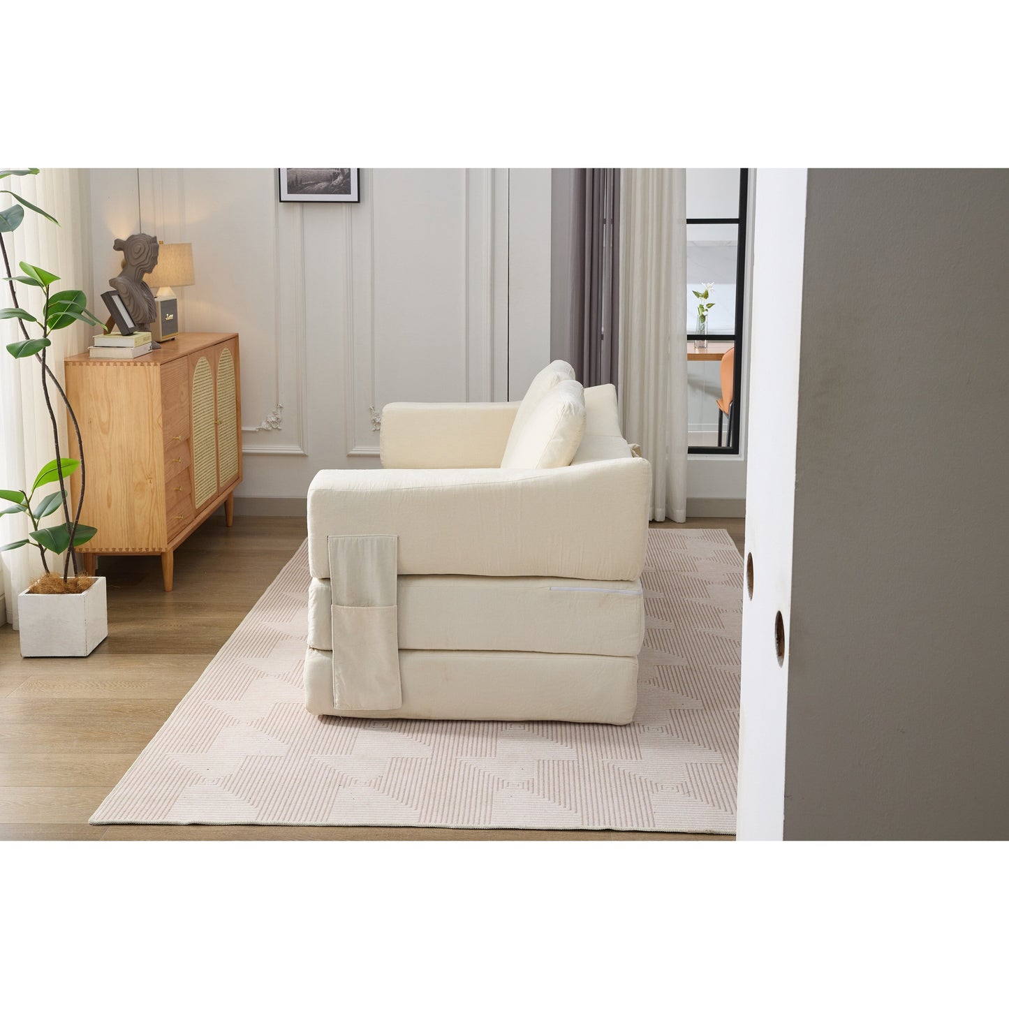 White Modern Minimalist 70.87 Chenille Loveseat Convertible Fold-Out Floor Sofa Bed with Removable Backrest for Living Room