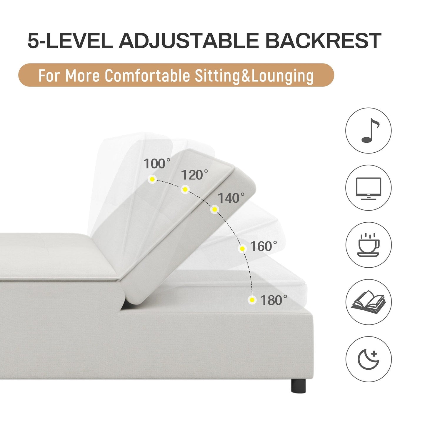 Weißes multifunktionales 72,5 4-in-1-Ottoman-Schlafsofa aus Leinen mit Aufbewahrungstasche und USB-Anschluss für das Wohnzimmer