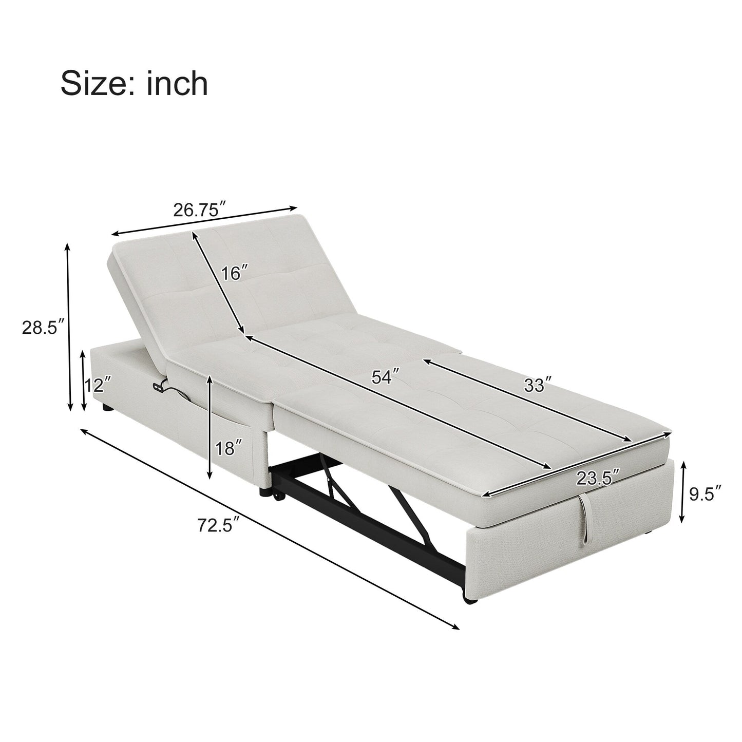 Weißes multifunktionales 72,5 4-in-1-Ottoman-Schlafsofa aus Leinen mit Aufbewahrungstasche und USB-Anschluss für das Wohnzimmer