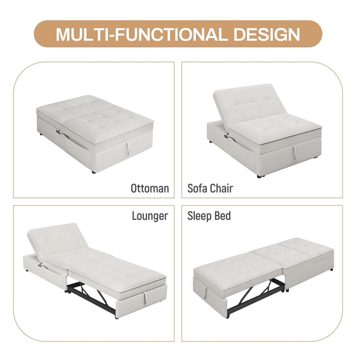 Weißes multifunktionales 72,5 4-in-1-Ottoman-Schlafsofa aus Leinen mit Aufbewahrungstasche und USB-Anschluss für das Wohnzimmer