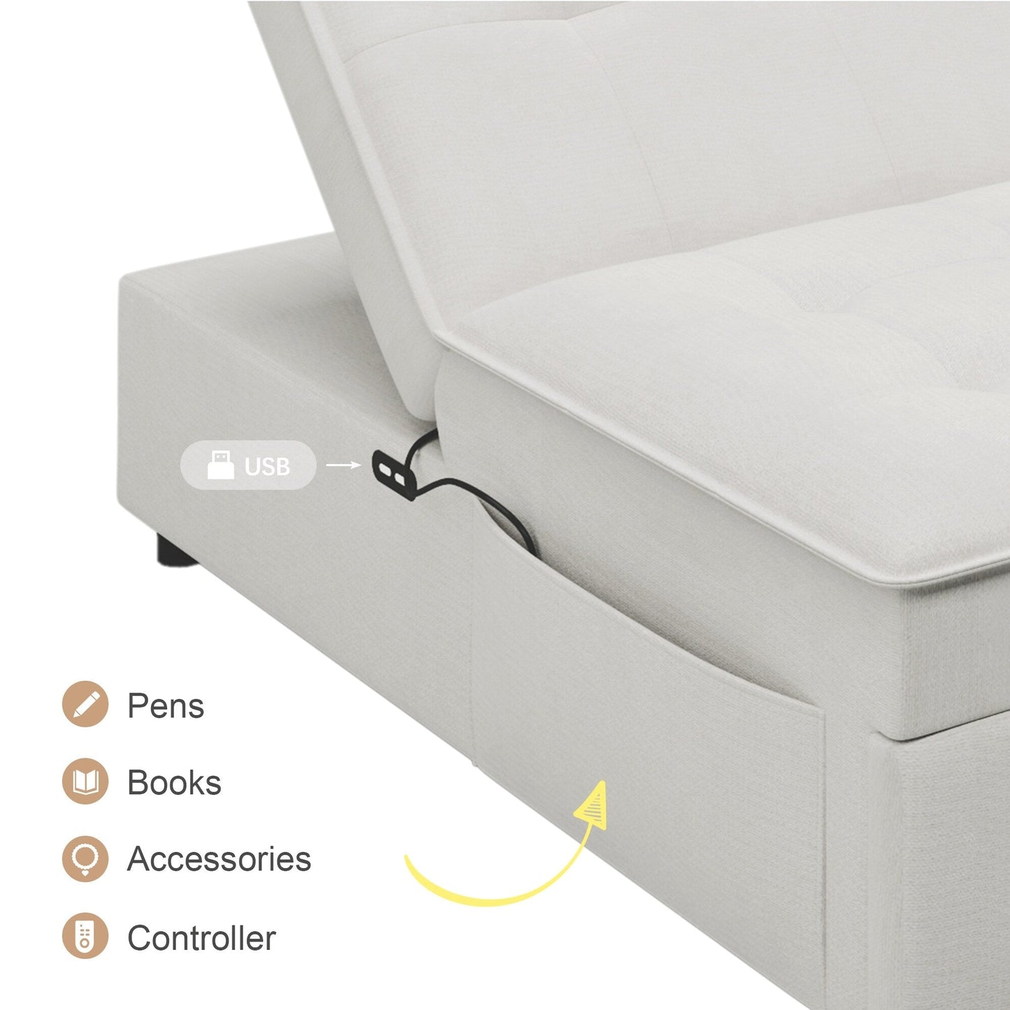 Weißes multifunktionales 72,5 4-in-1-Ottoman-Schlafsofa aus Leinen mit Aufbewahrungstasche und USB-Anschluss für das Wohnzimmer