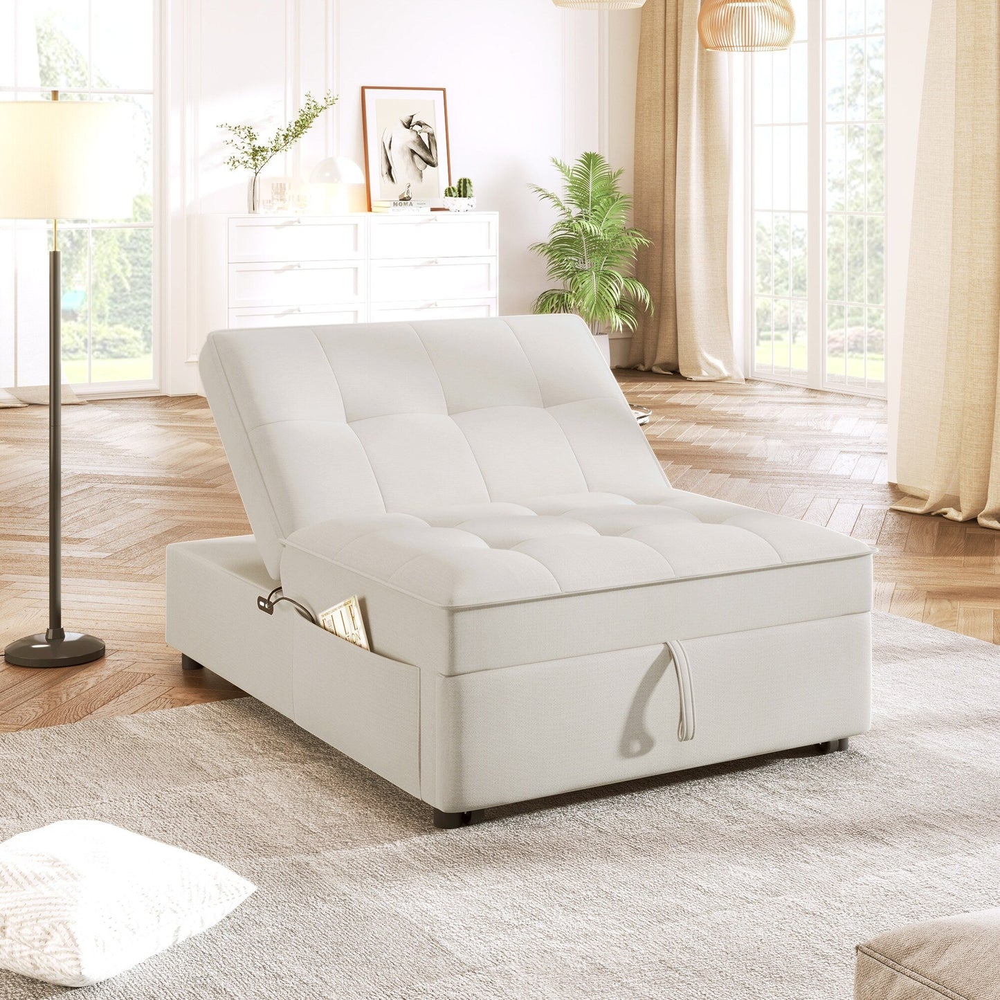 Weißes multifunktionales 72,5 4-in-1-Ottoman-Schlafsofa aus Leinen mit Aufbewahrungstasche und USB-Anschluss für das Wohnzimmer