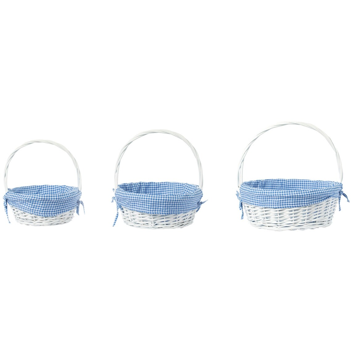 Weißer, runder Geschenkkorb aus Weide mit Gingham-Innenfutter und Griff