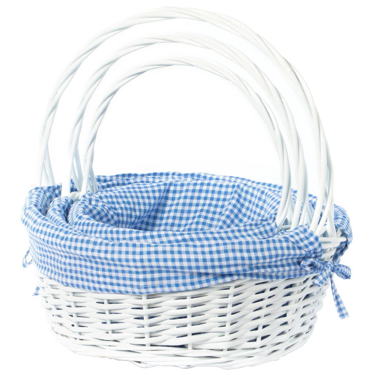 Weißer, runder Geschenkkorb aus Weide mit Gingham-Innenfutter und Griff