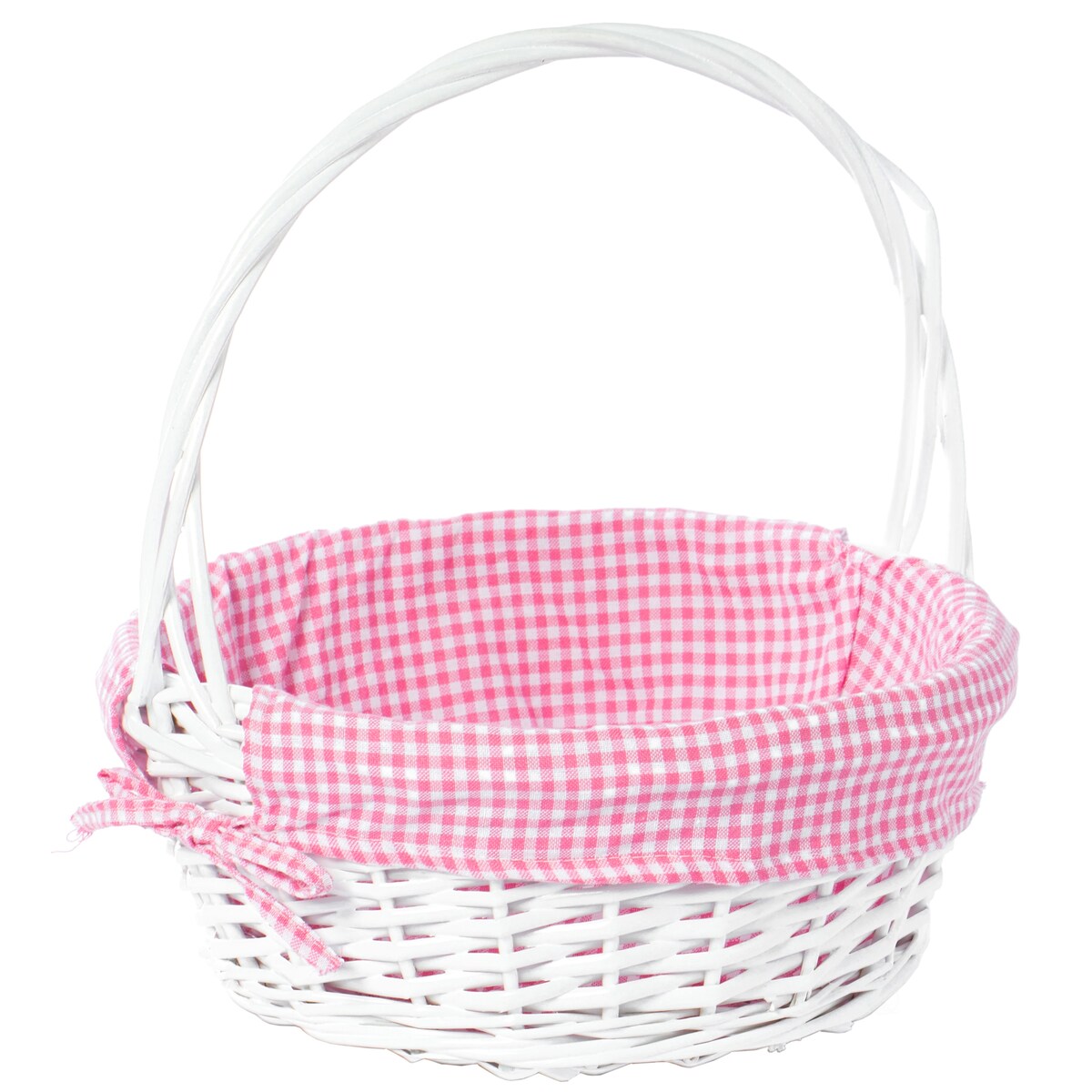 Weißer, runder Geschenkkorb aus Weide mit Gingham-Innenfutter und Griff