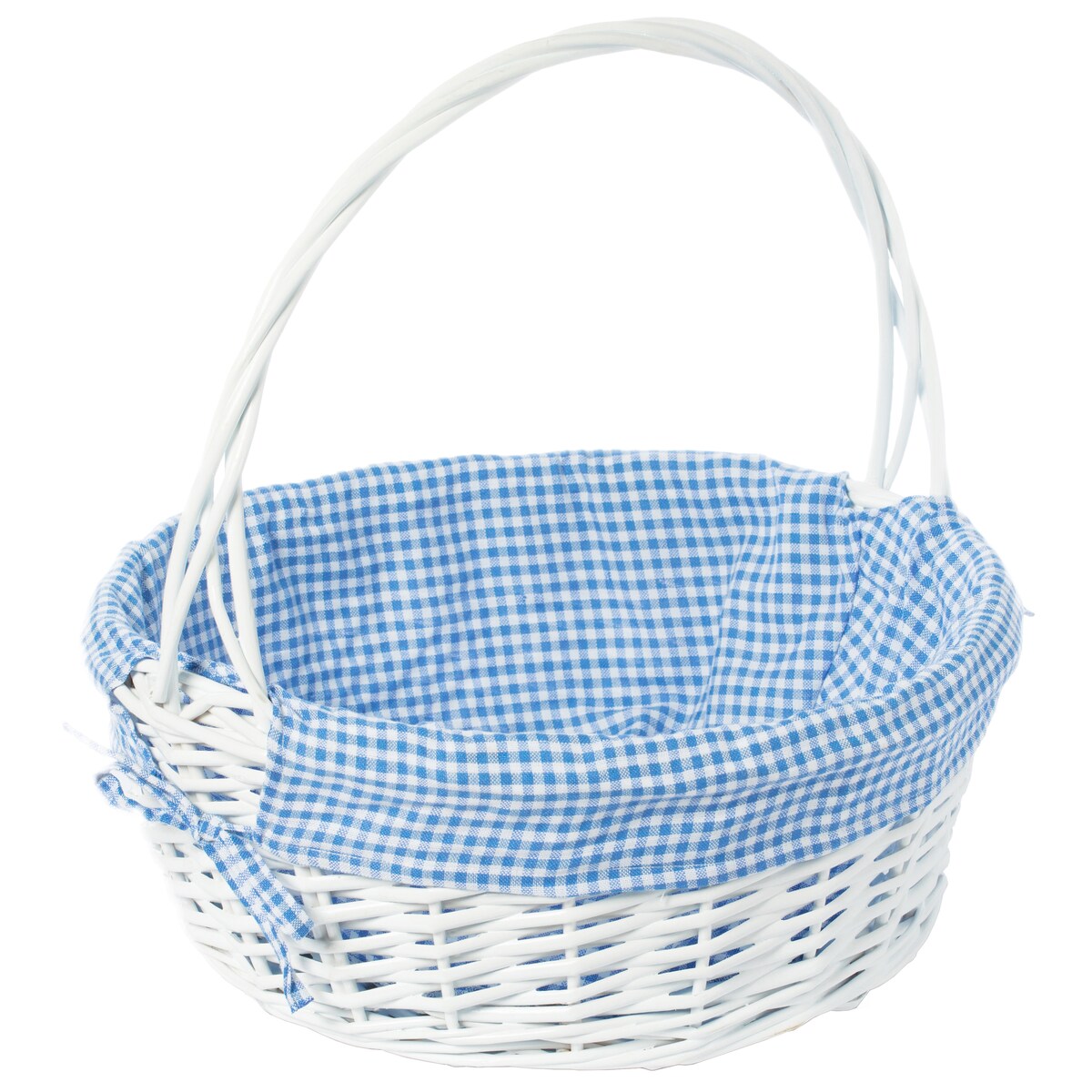Weißer, runder Geschenkkorb aus Weide mit Gingham-Innenfutter und Griff