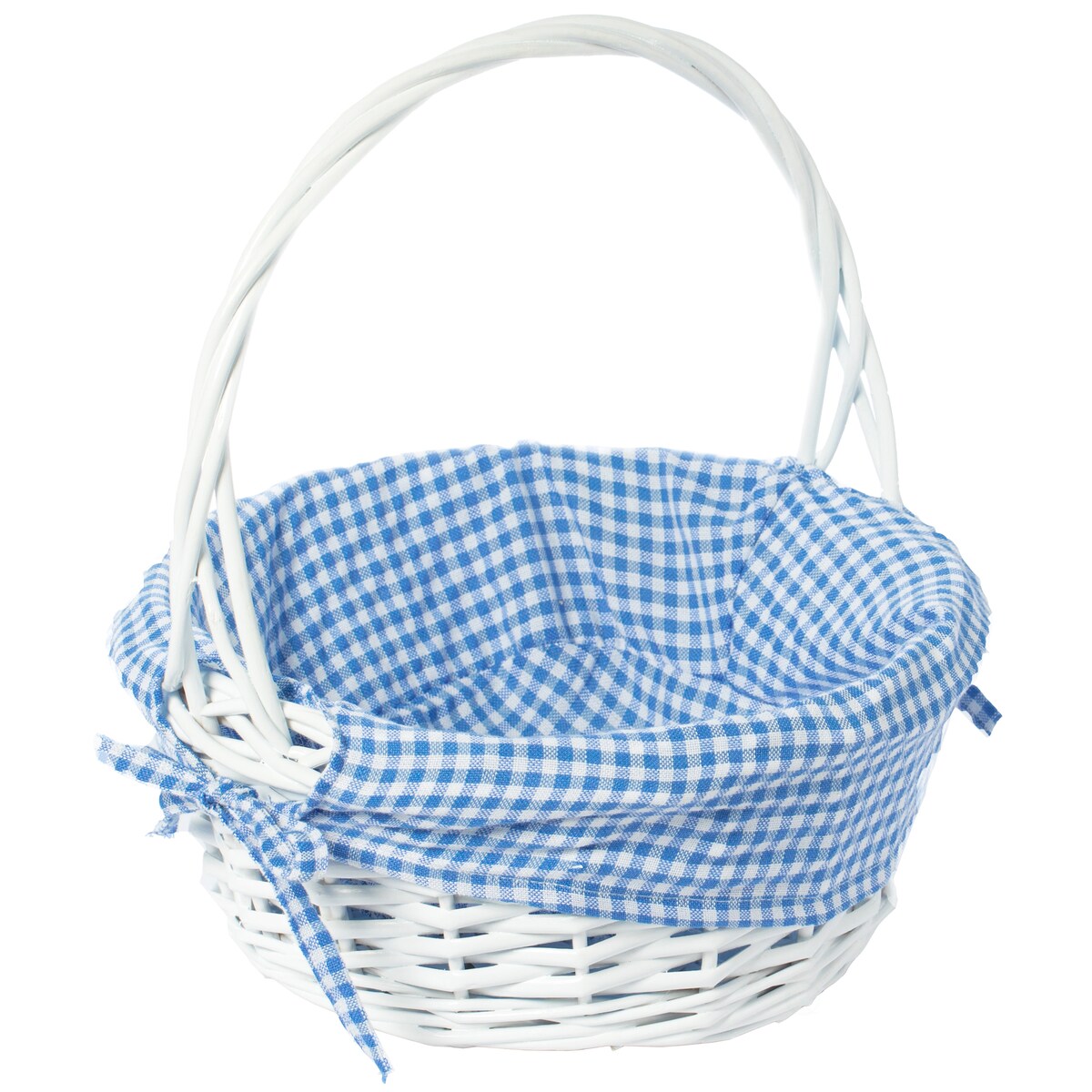 Weißer, runder Geschenkkorb aus Weide mit Gingham-Innenfutter und Griff