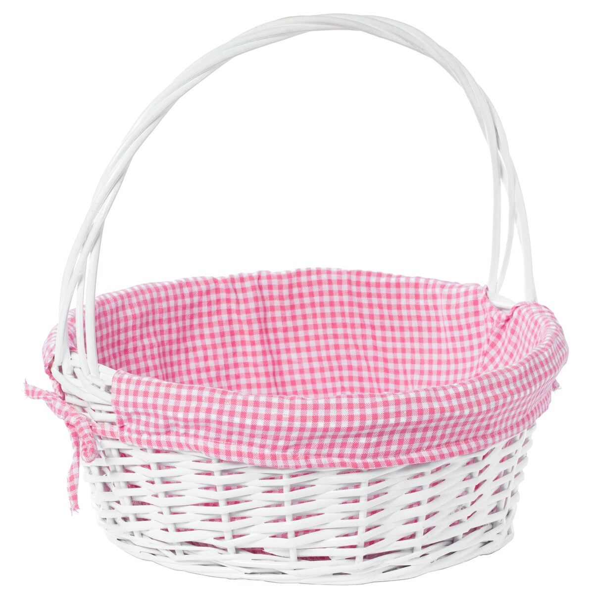 Weißer, runder Geschenkkorb aus Weide mit Gingham-Innenfutter und Griff