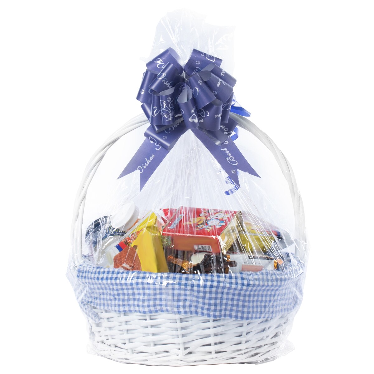 Weißer, runder Geschenkkorb aus Weide mit Gingham-Innenfutter und Griff