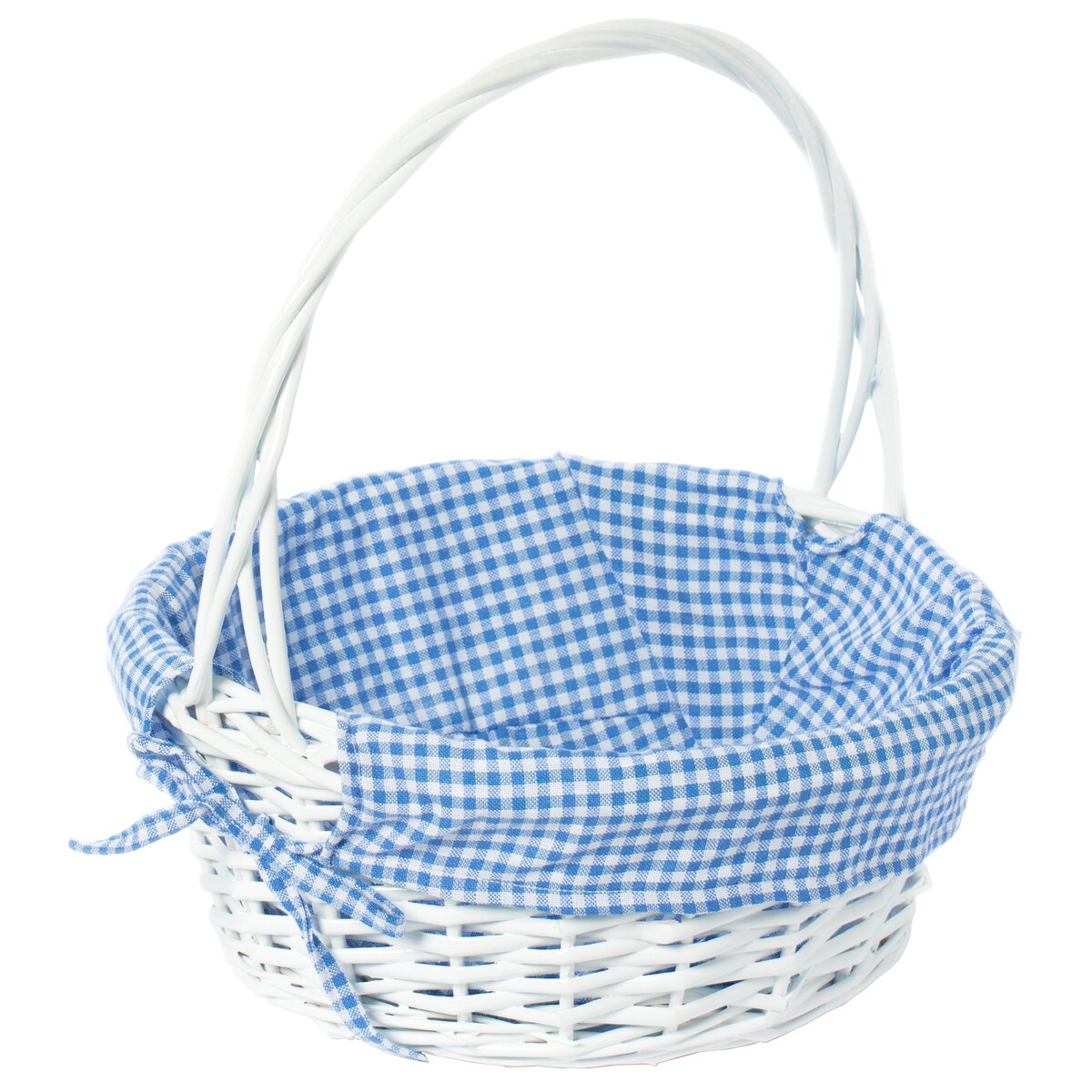 Weißer, runder Geschenkkorb aus Weide mit Gingham-Innenfutter und Griff