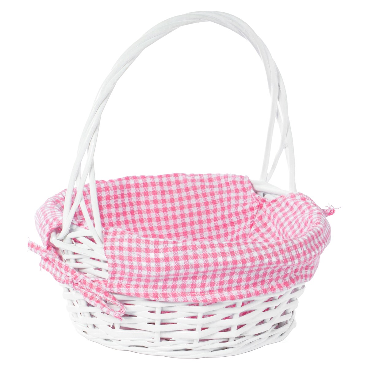 Weißer, runder Geschenkkorb aus Weide mit Gingham-Innenfutter und Griff