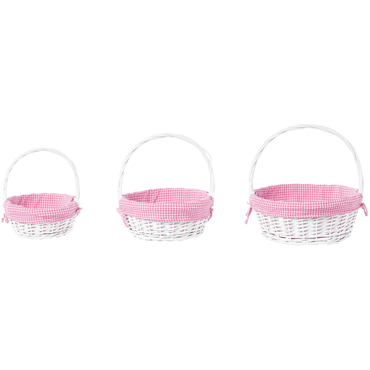 Weißer, runder Geschenkkorb aus Weide mit Gingham-Innenfutter und Griff