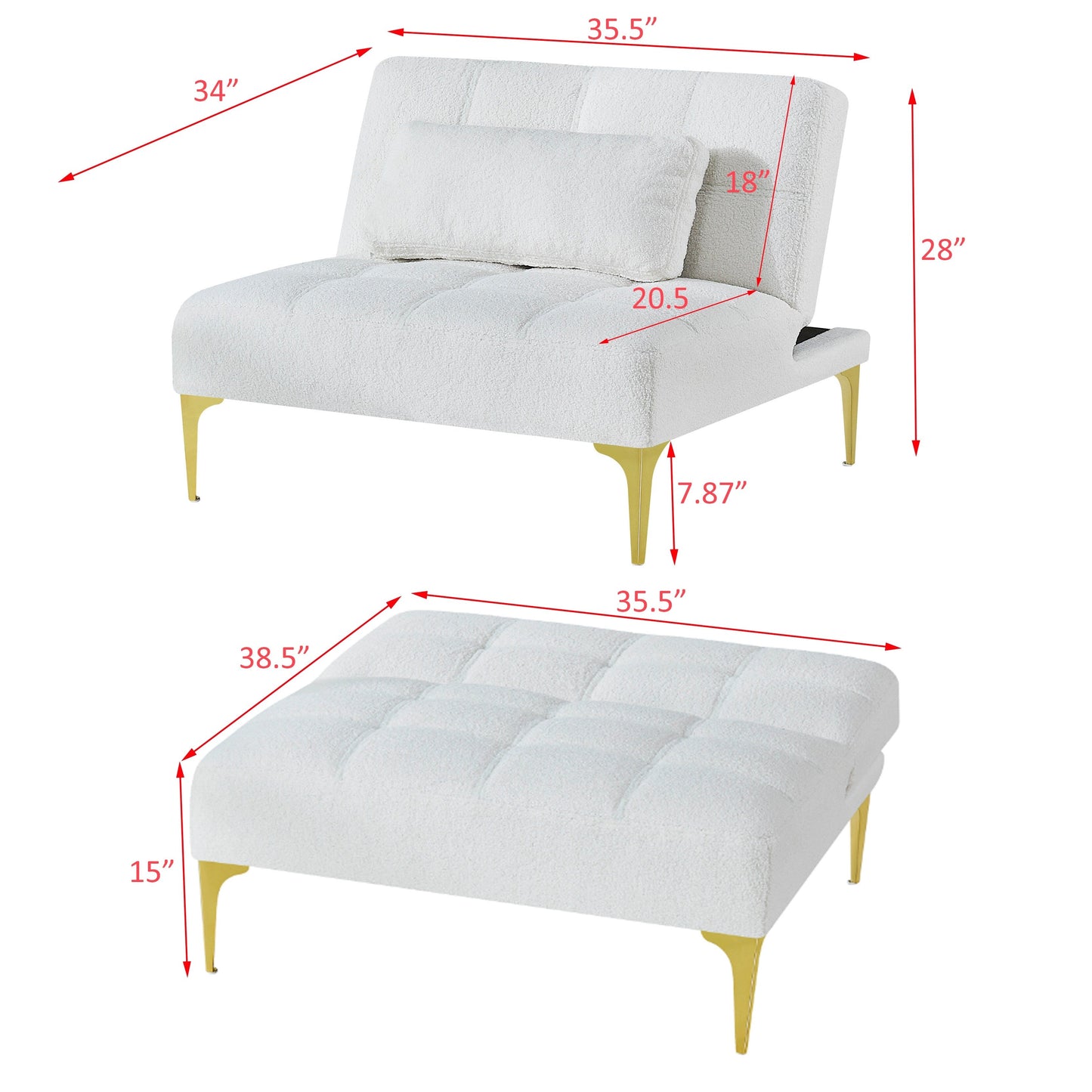 White Teddy Chenille Single Modular Sofa Bed with Solid Wood Frame for Living Room