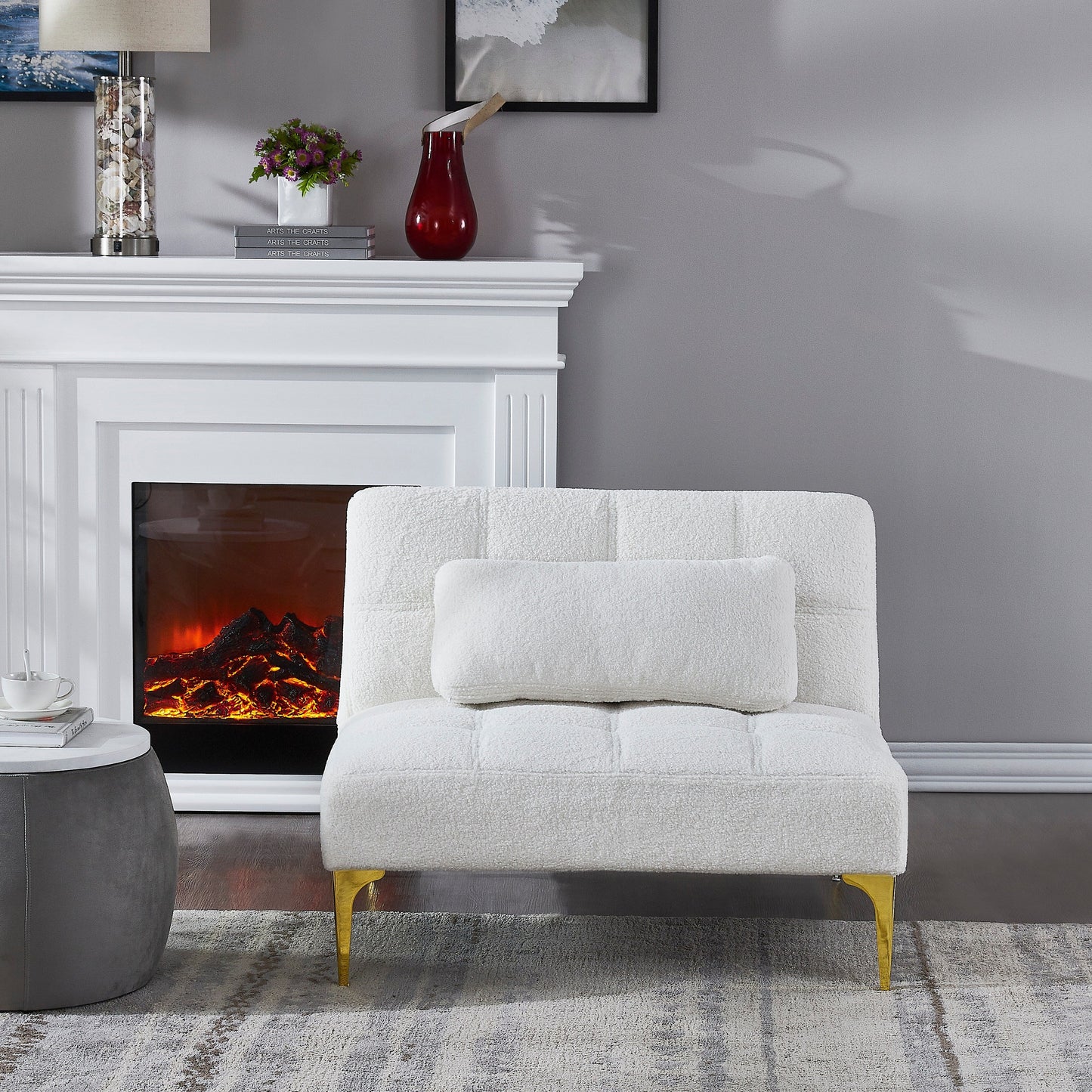 White Teddy Chenille Single Modular Sofa Bed with Solid Wood Frame for Living Room