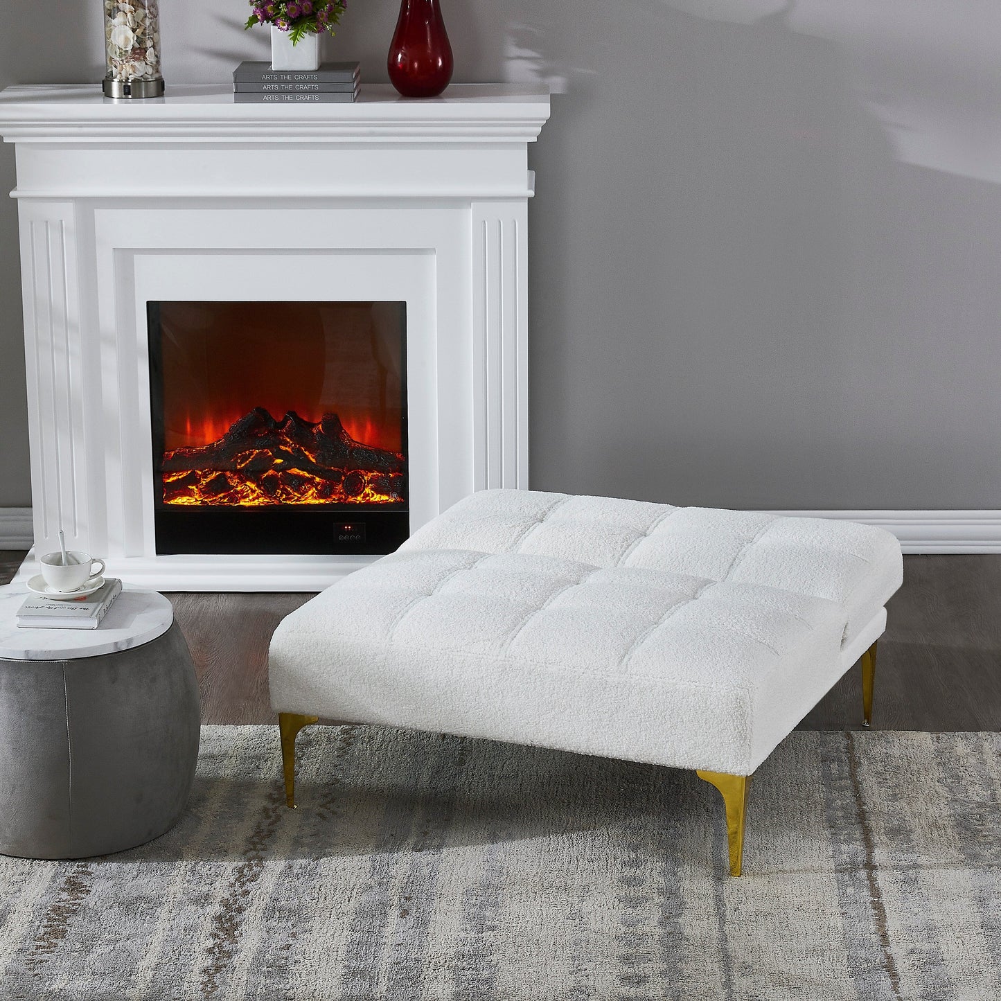 White Teddy Chenille Single Modular Sofa Bed with Solid Wood Frame for Living Room