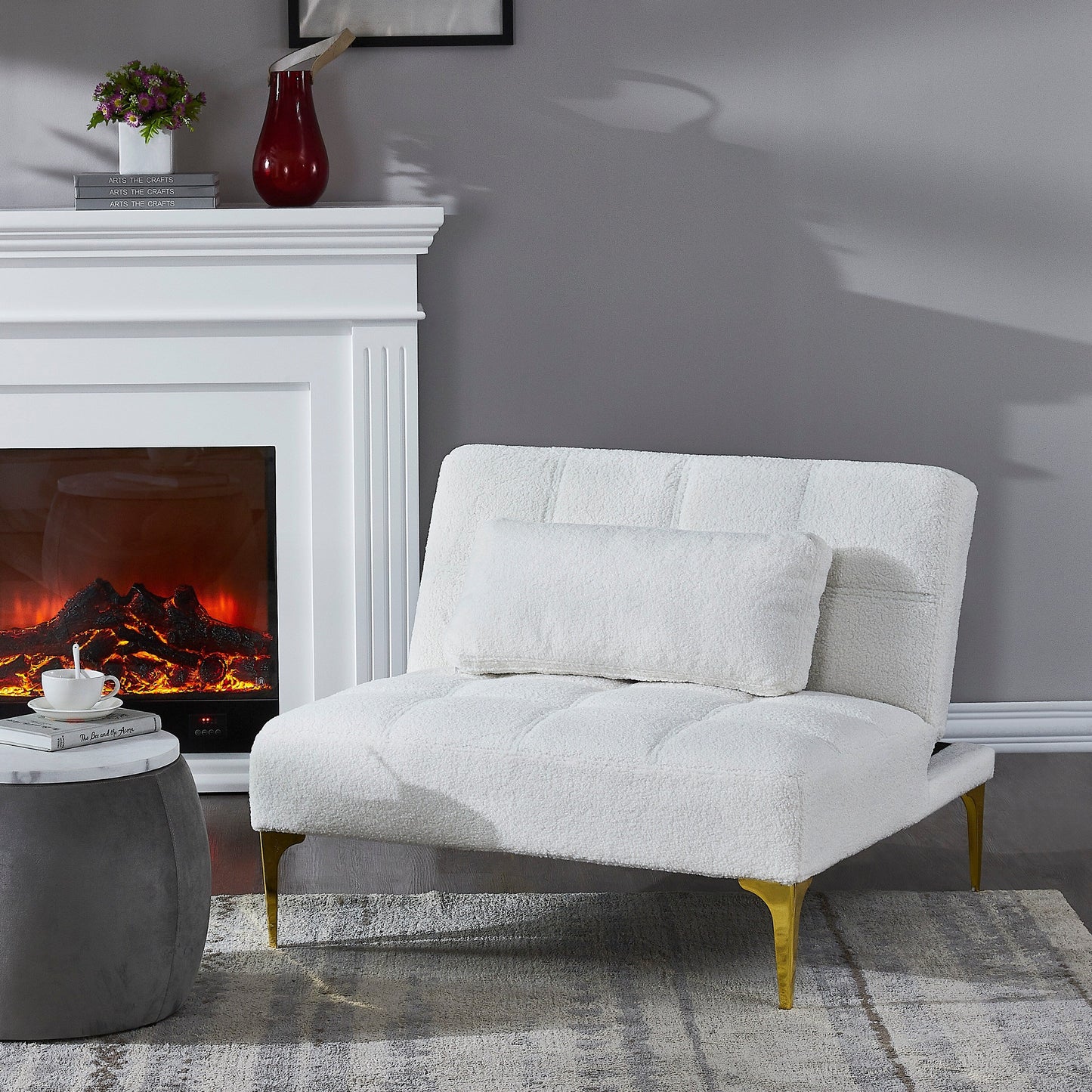 White Teddy Chenille Single Modular Sofa Bed with Solid Wood Frame for Living Room
