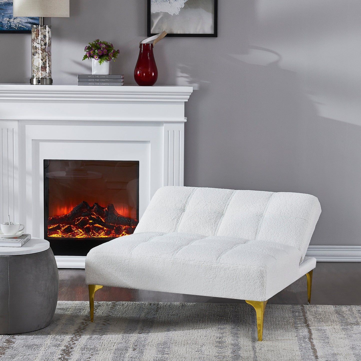 White Teddy Chenille Single Modular Sofa Bed with Solid Wood Frame for Living Room