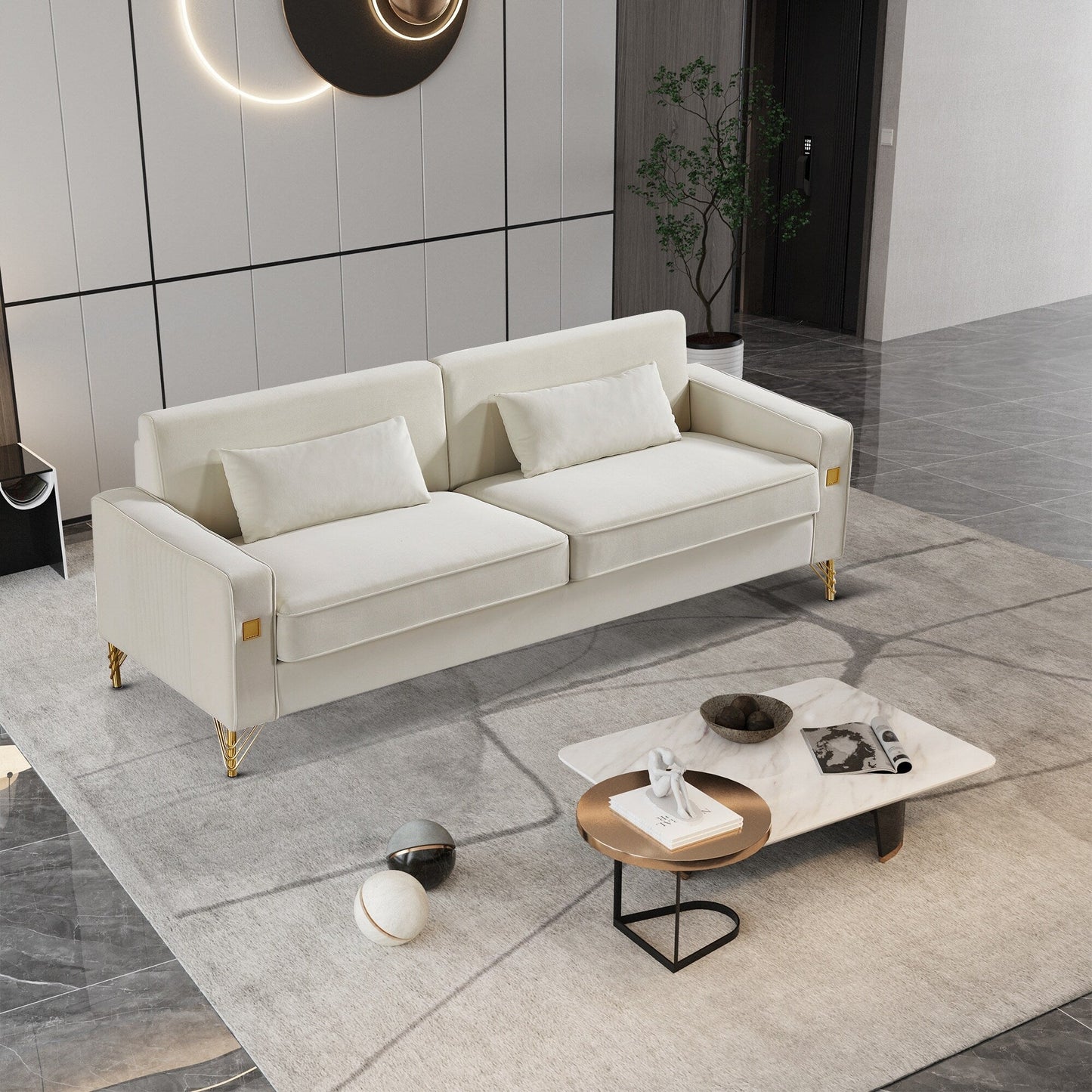 White Velvet Upholstered Loveseat Sofa with Gold Legs