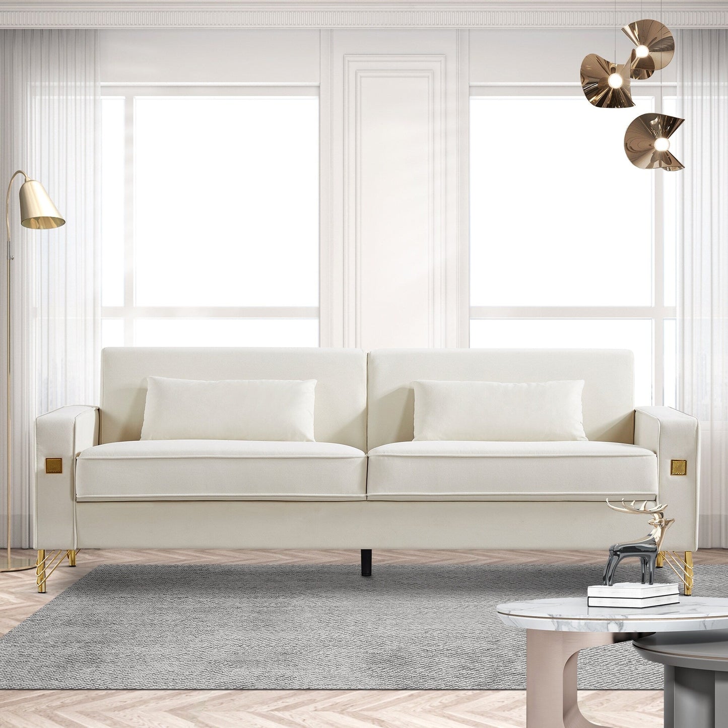 White Velvet Upholstered Loveseat Sofa with Gold Legs