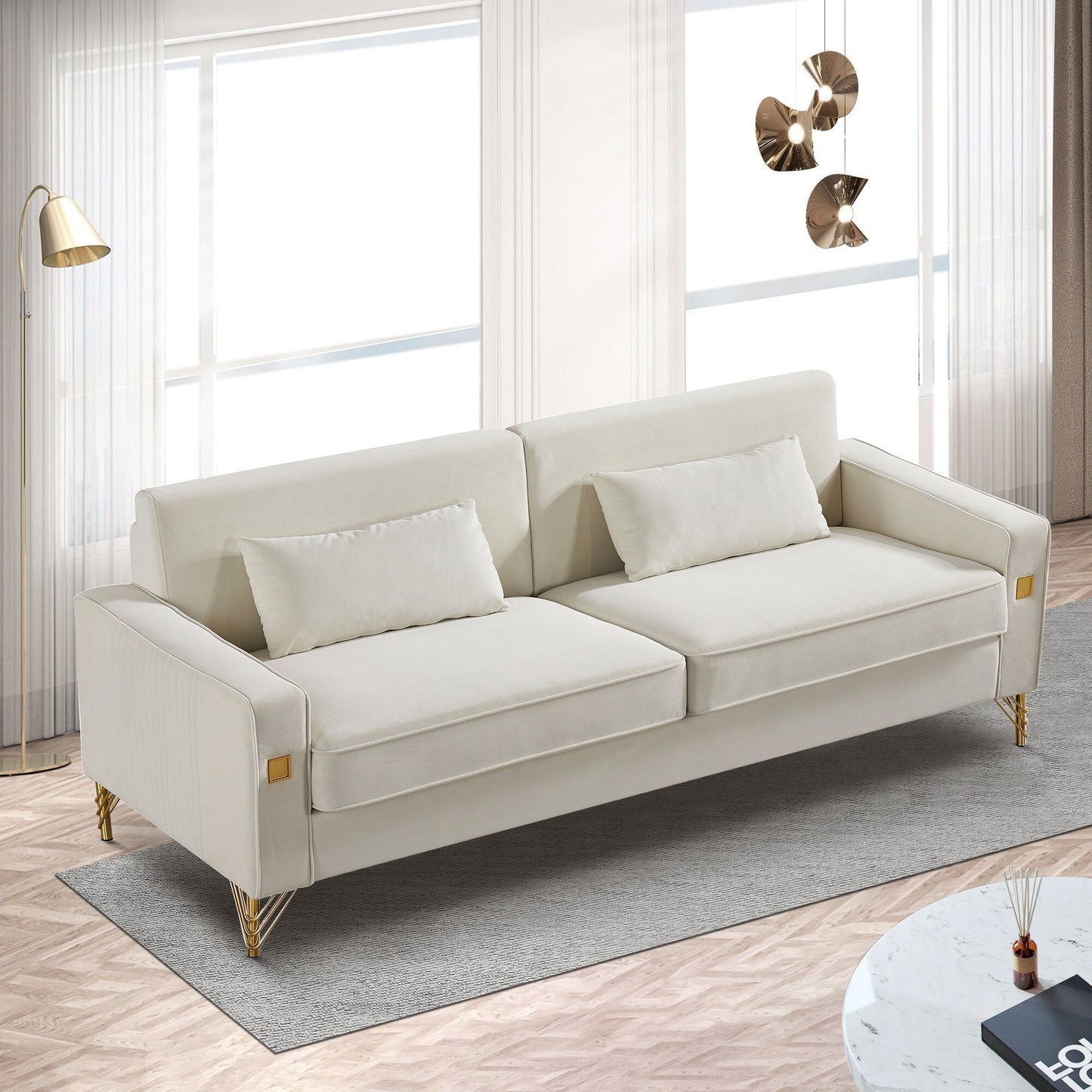 White Velvet Upholstered Loveseat Sofa with Gold Legs