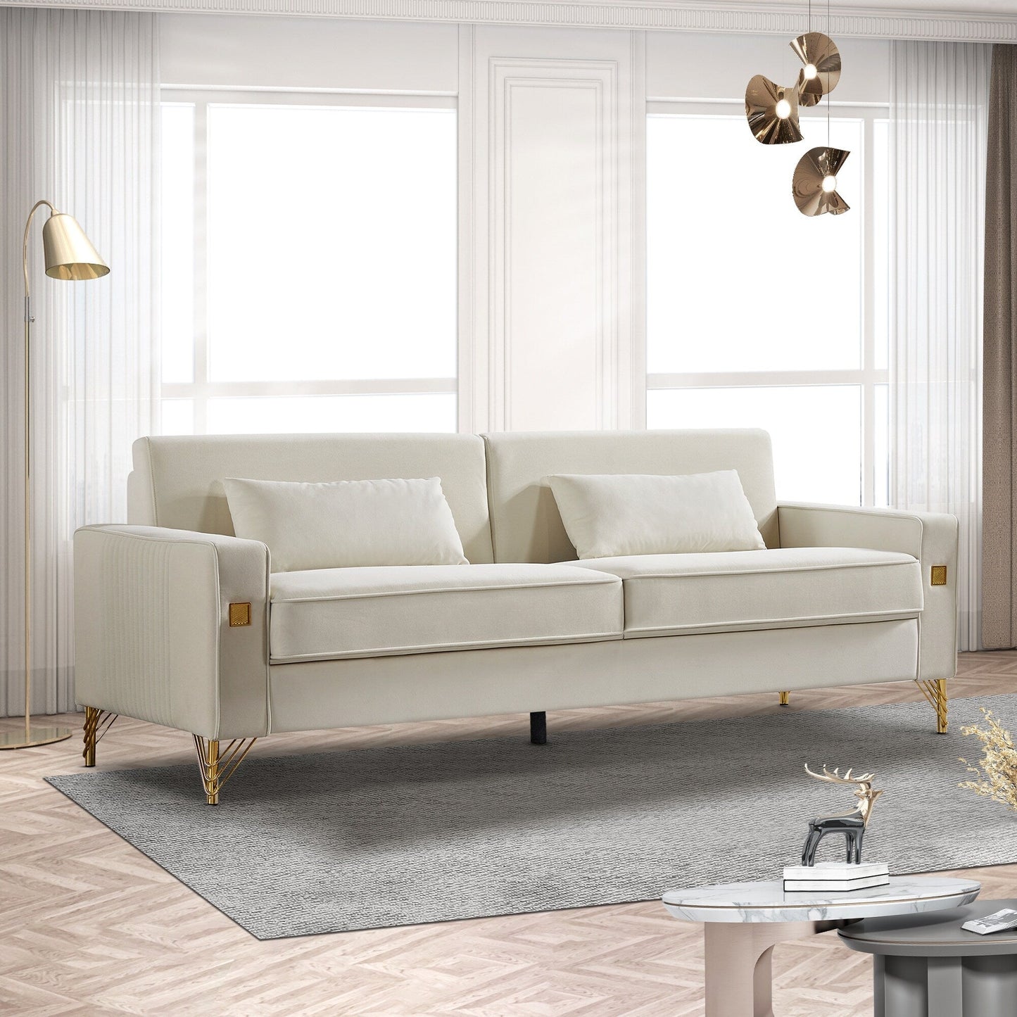 White Velvet Upholstered Loveseat Sofa with Gold Legs