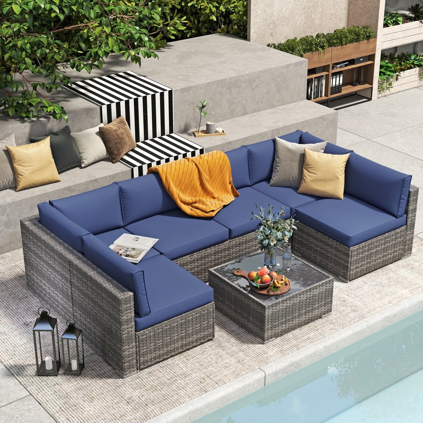 7-teiliges gepolstertes Outdoor-Sofa-Set aus Korbgeflecht/Stahl
