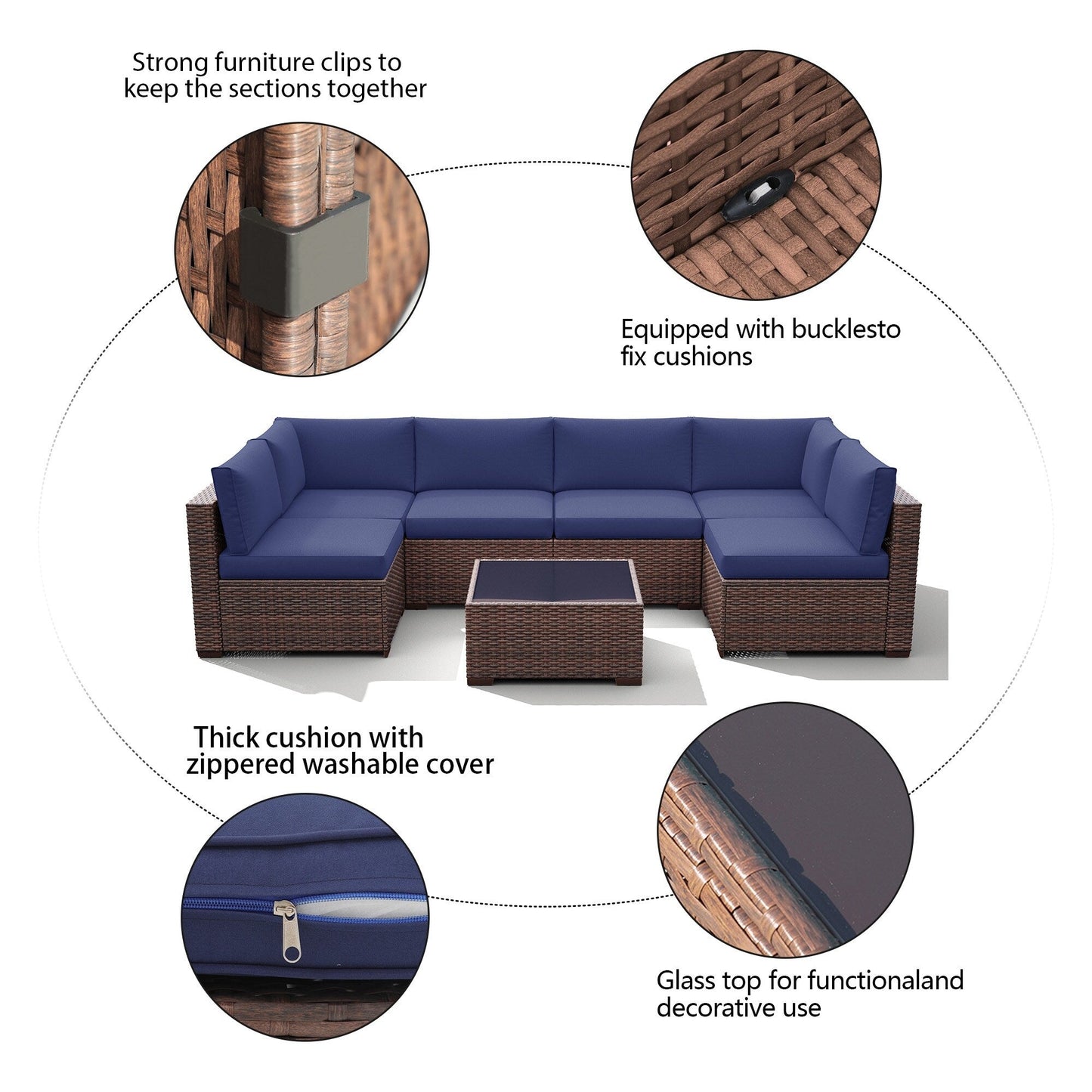 7-teiliges gepolstertes Outdoor-Sofa-Set aus Korbgeflecht/Stahl