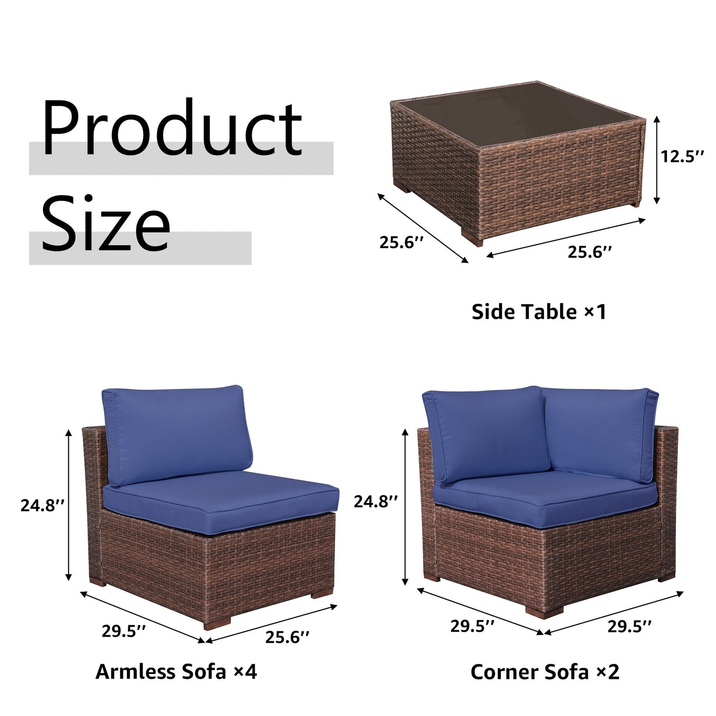 7-teiliges gepolstertes Outdoor-Sofa-Set aus Korbgeflecht/Stahl