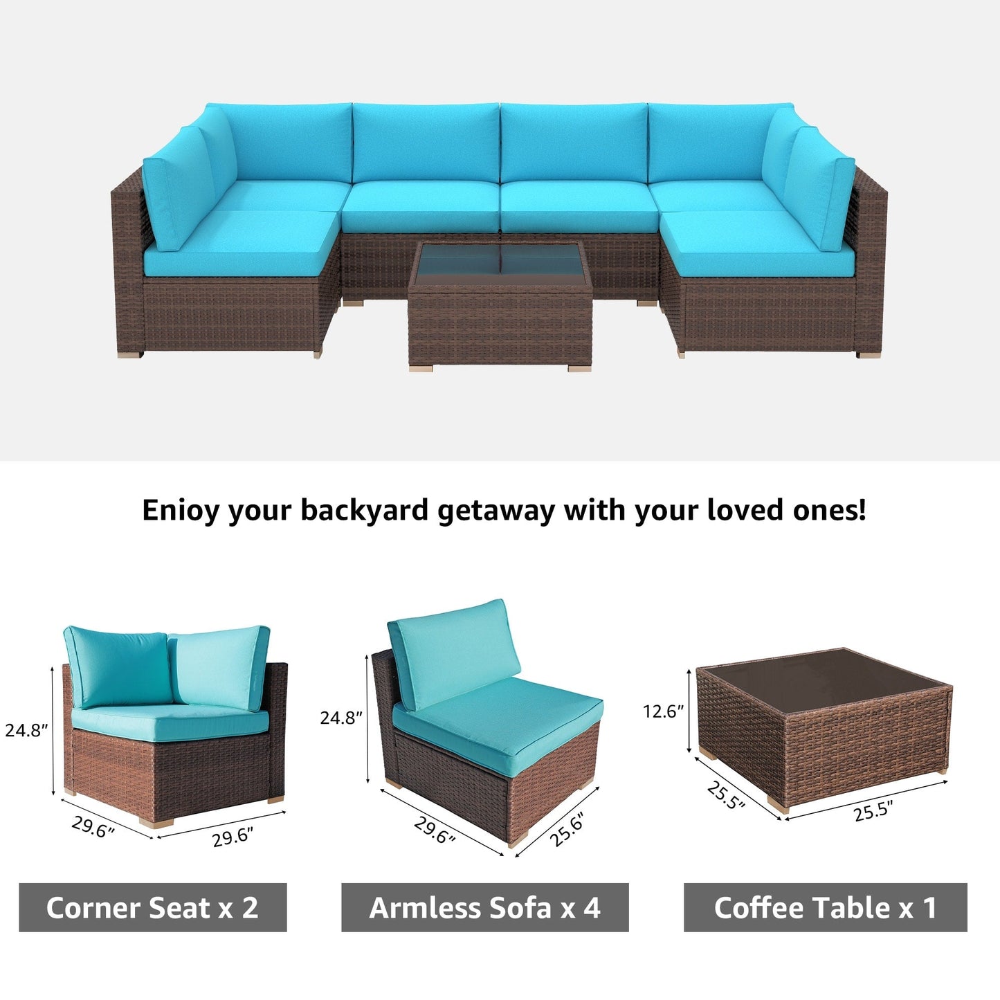 7-teiliges gepolstertes Outdoor-Sofa-Set aus Korbgeflecht/Stahl