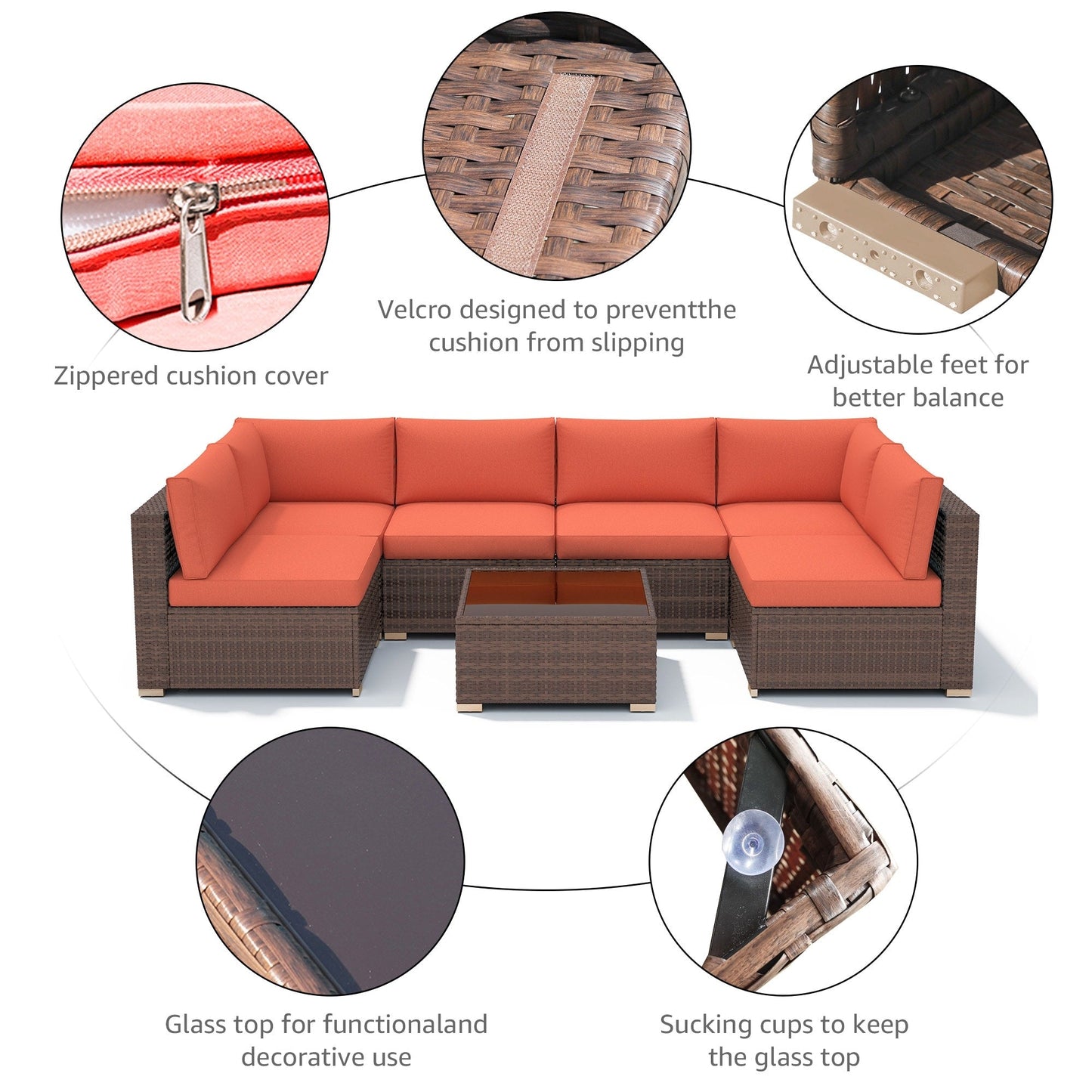 7-teiliges gepolstertes Outdoor-Sofa-Set aus Korbgeflecht/Stahl