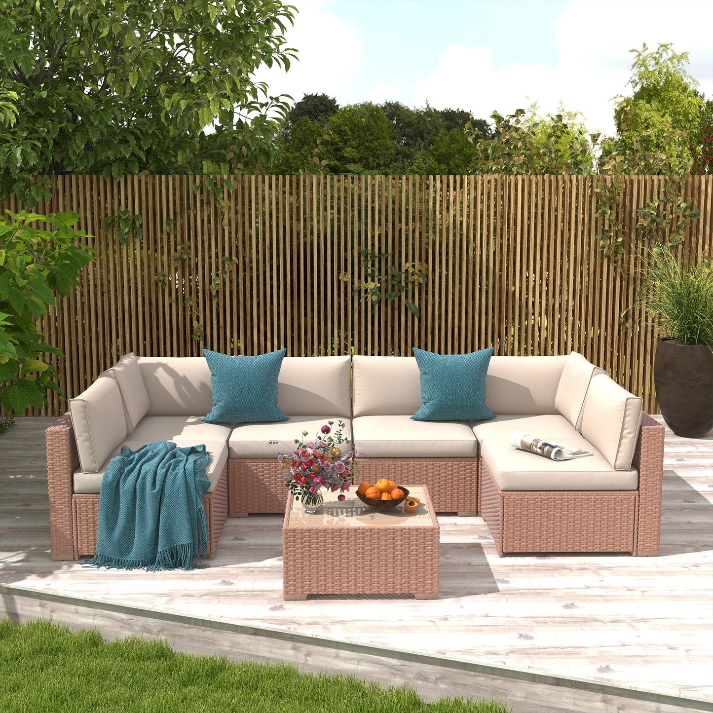 7-teiliges gepolstertes Outdoor-Sofa-Set aus Korbgeflecht/Stahl