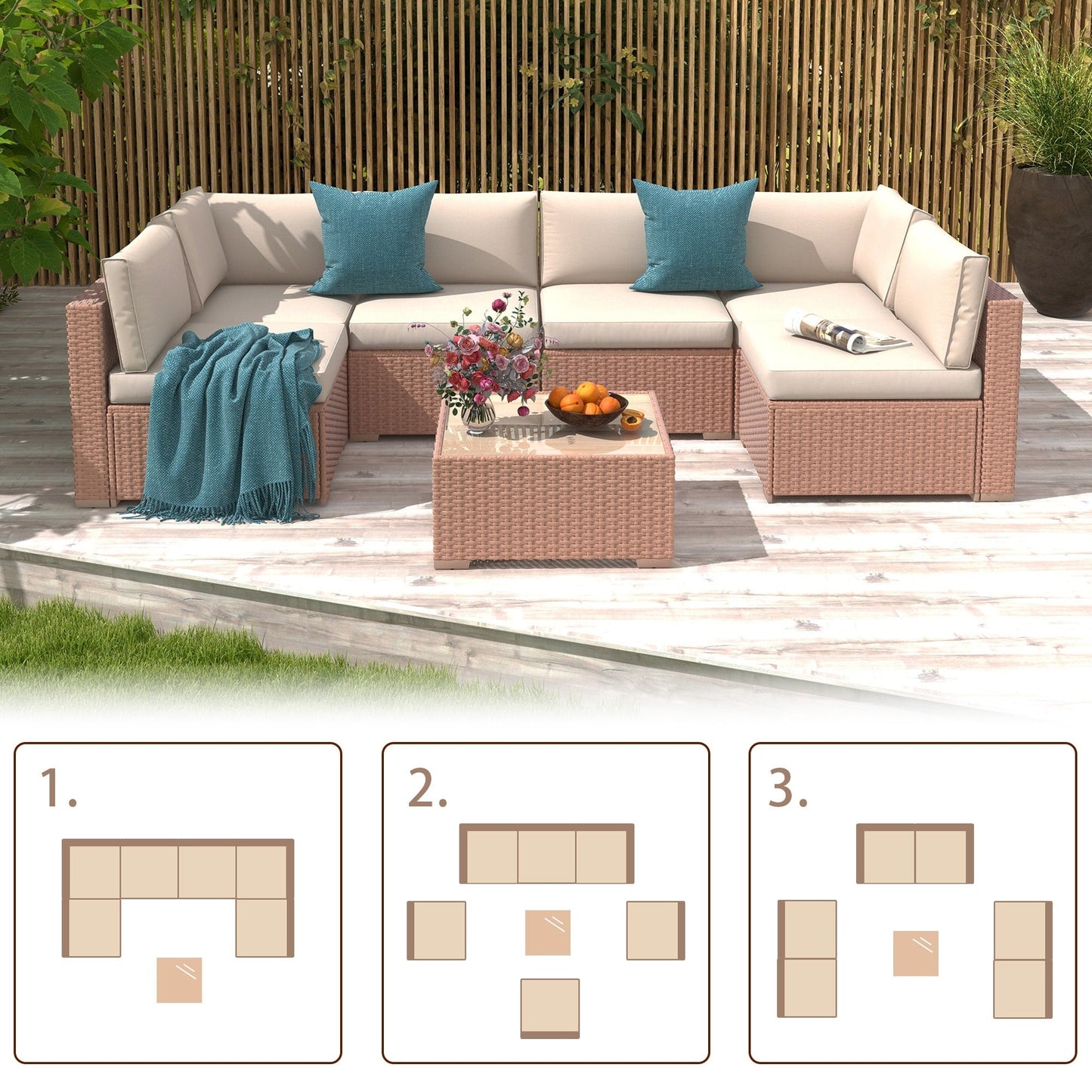 7-teiliges gepolstertes Outdoor-Sofa-Set aus Korbgeflecht/Stahl