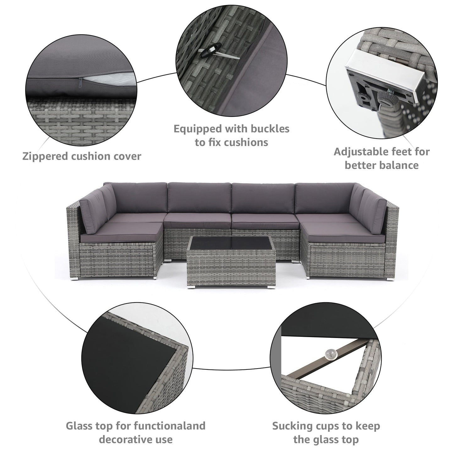 7-teiliges gepolstertes Outdoor-Sofa-Set aus Korbgeflecht/Stahl