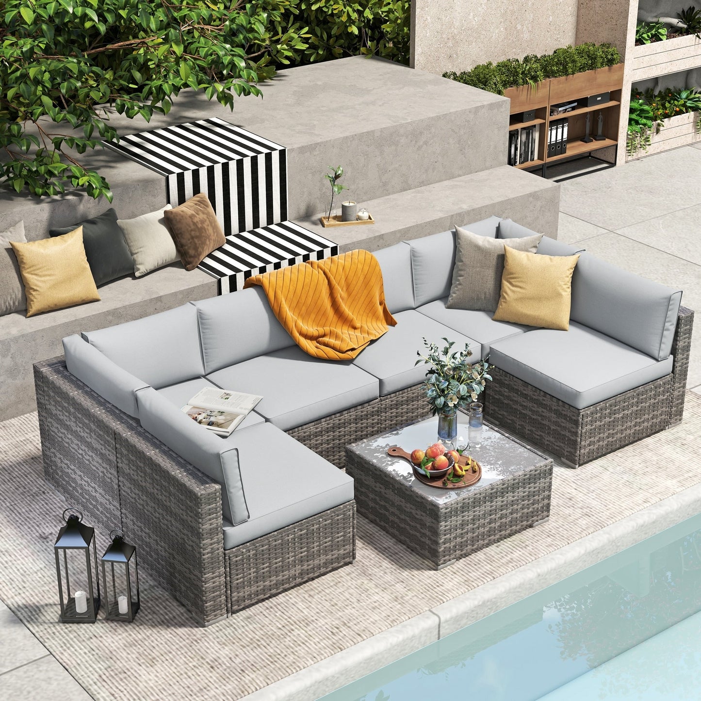 7-teiliges gepolstertes Outdoor-Sofa-Set aus Korbgeflecht/Stahl