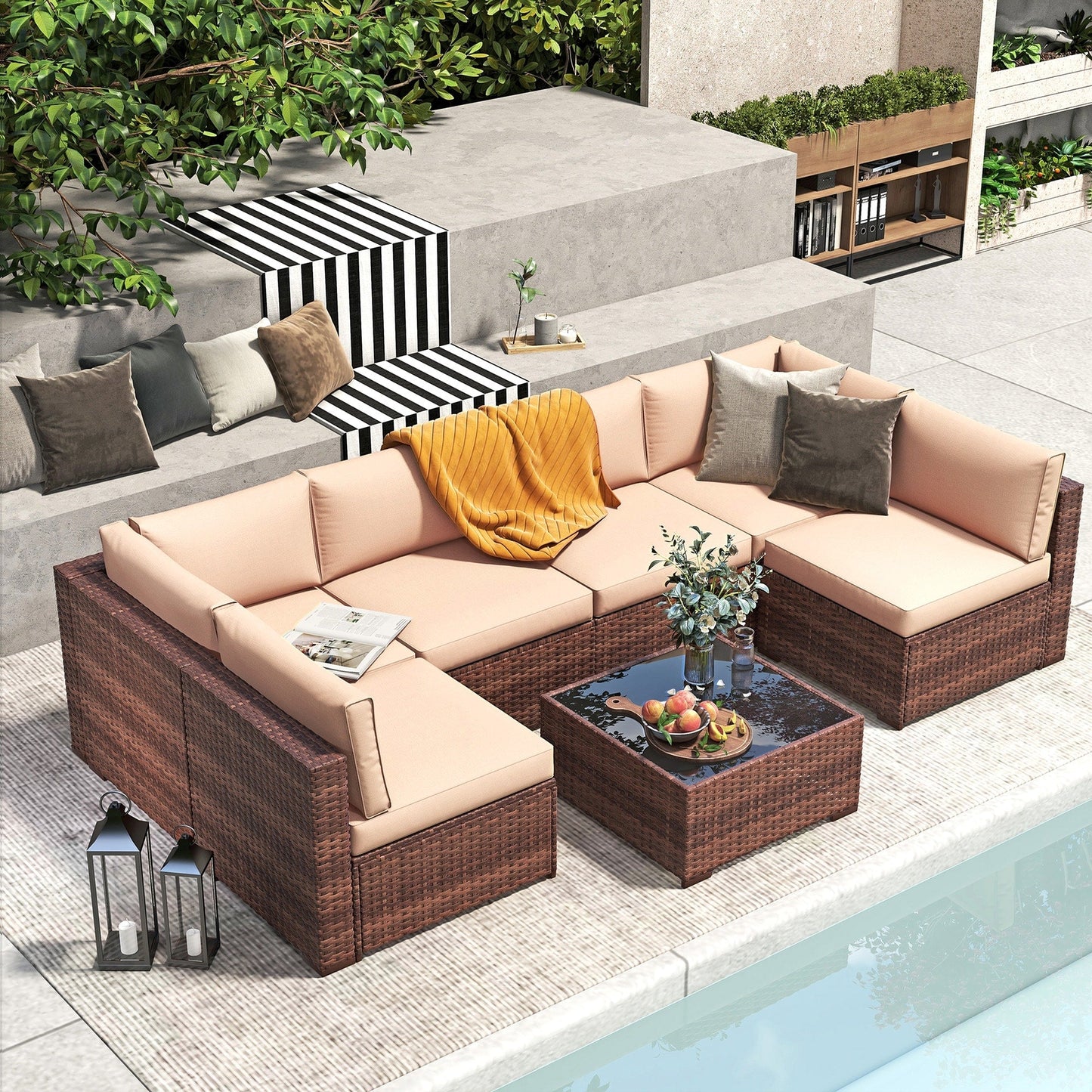 7-teiliges gepolstertes Outdoor-Sofa-Set aus Korbgeflecht/Stahl