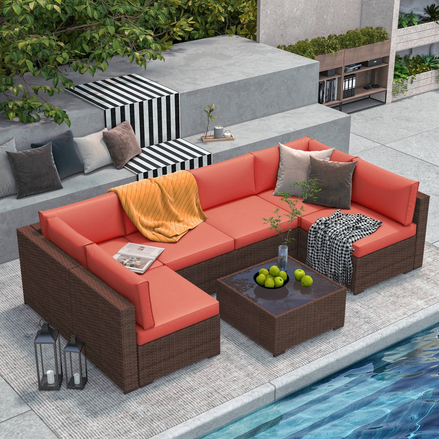 7-teiliges gepolstertes Outdoor-Sofa-Set aus Korbgeflecht/Stahl