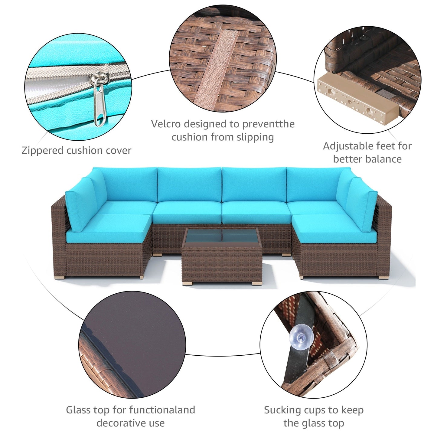 7-teiliges gepolstertes Outdoor-Sofa-Set aus Korbgeflecht/Stahl