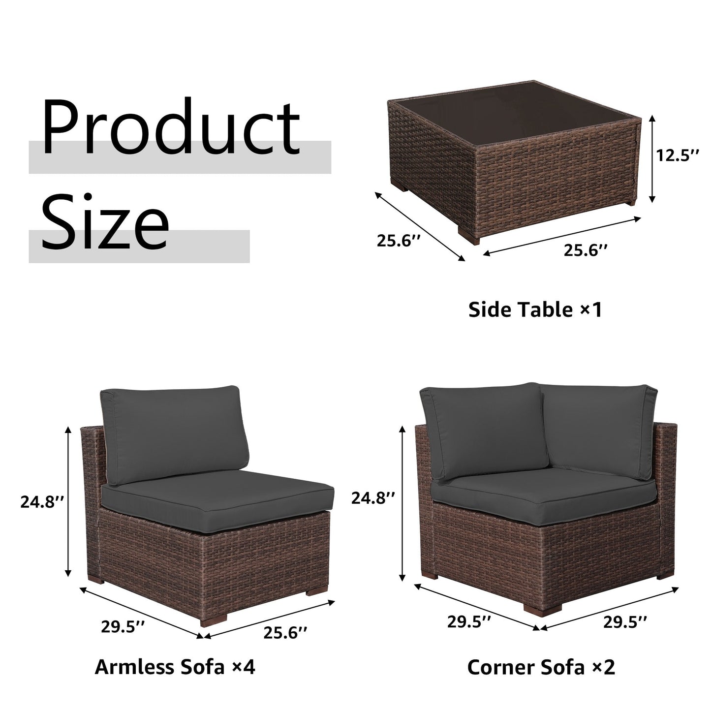 7-teiliges gepolstertes Outdoor-Sofa-Set aus Korbgeflecht/Stahl