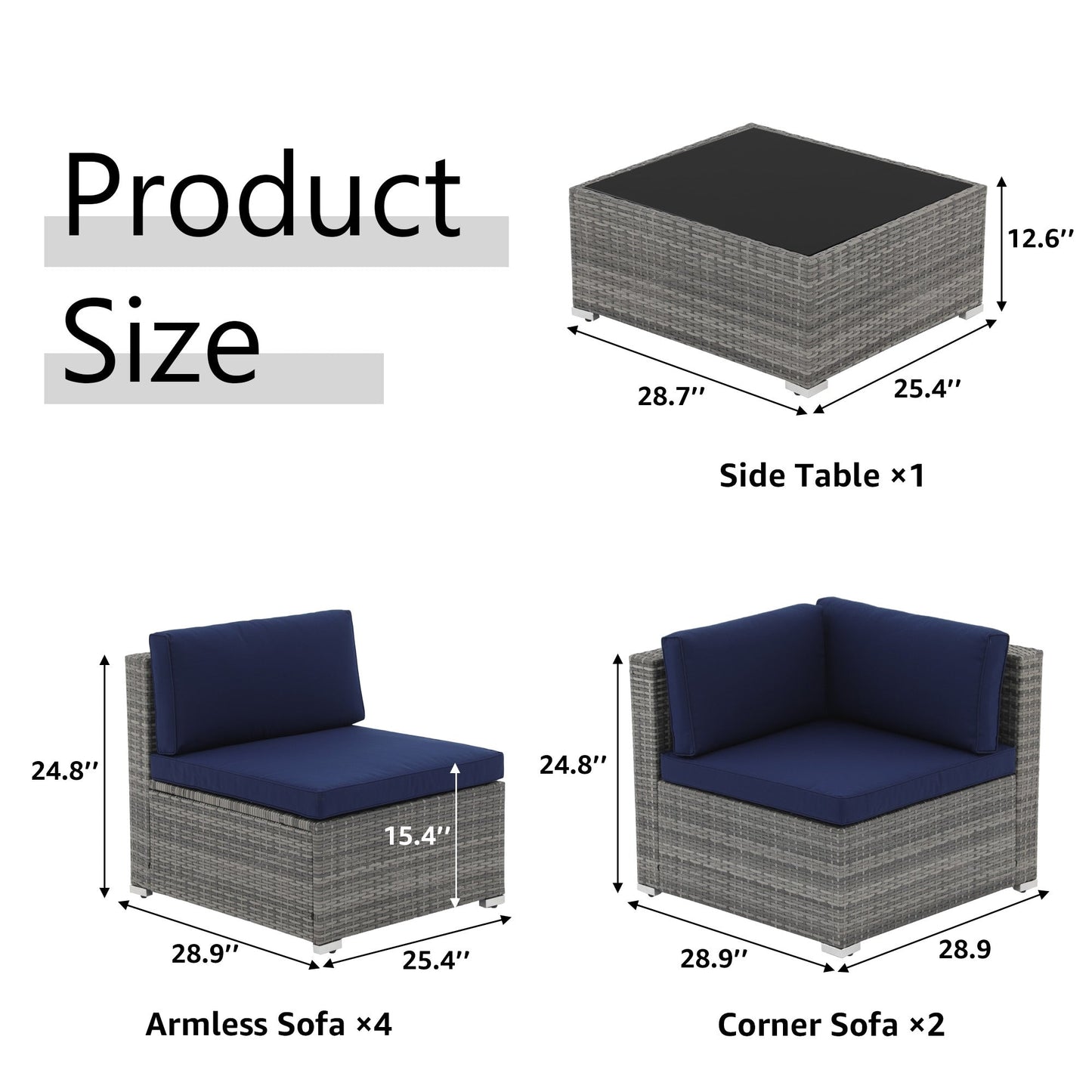 7-teiliges gepolstertes Outdoor-Sofa-Set aus Korbgeflecht/Stahl