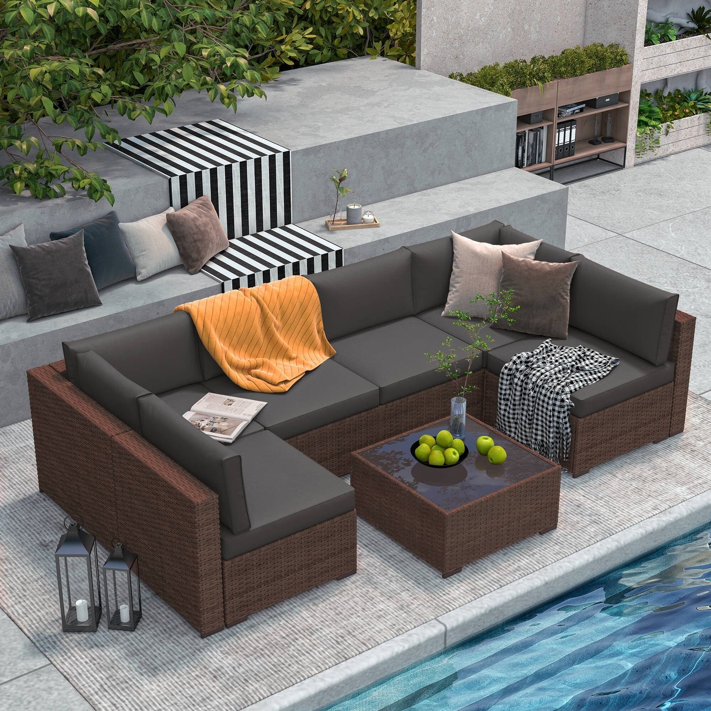 7-teiliges gepolstertes Outdoor-Sofa-Set aus Korbgeflecht/Stahl