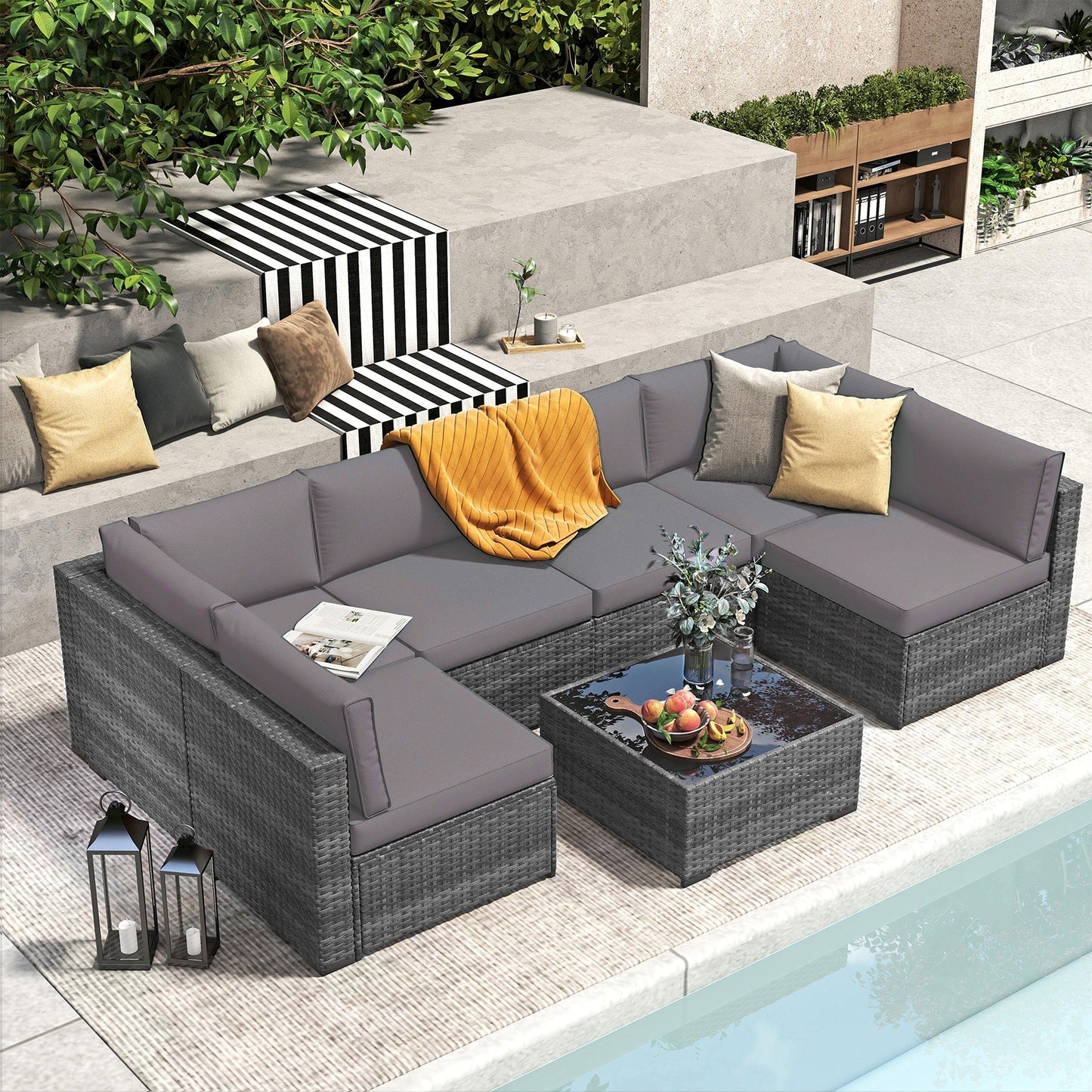 7-teiliges gepolstertes Outdoor-Sofa-Set aus Korbgeflecht/Stahl